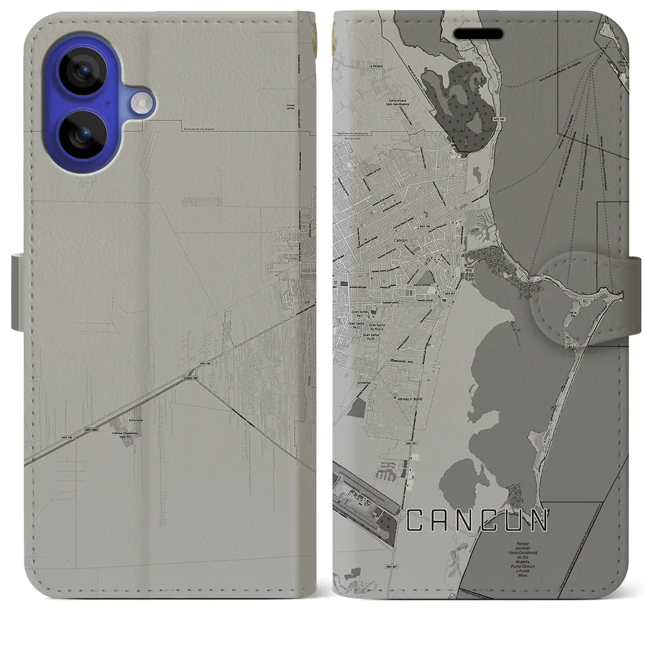 【カンクン(メキシコ)】地図柄iPhoneケース(手帳タイプ)モノトーン・iPhone 16 Pro Max 用