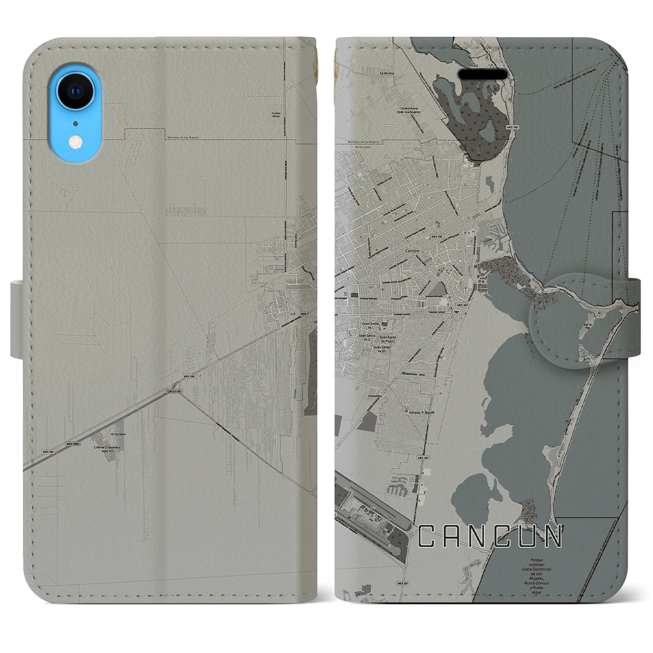【カンクン(メキシコ)】地図柄iPhoneケース(手帳タイプ)モノトーン・iPhone XR 用