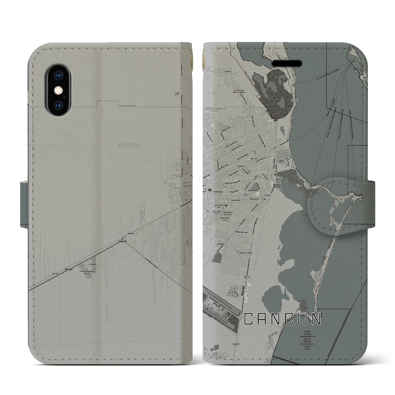 【カンクン(メキシコ)】地図柄iPhoneケース(手帳タイプ)モノトーン・iPhone XS / X 用