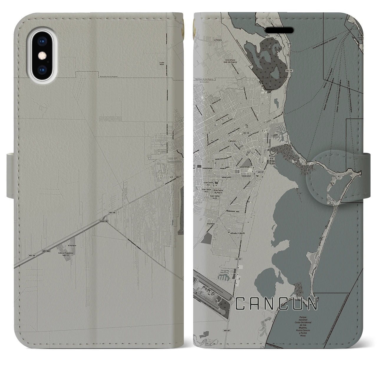 【カンクン(メキシコ)】地図柄iPhoneケース(手帳タイプ)モノトーン・iPhone XS Max 用