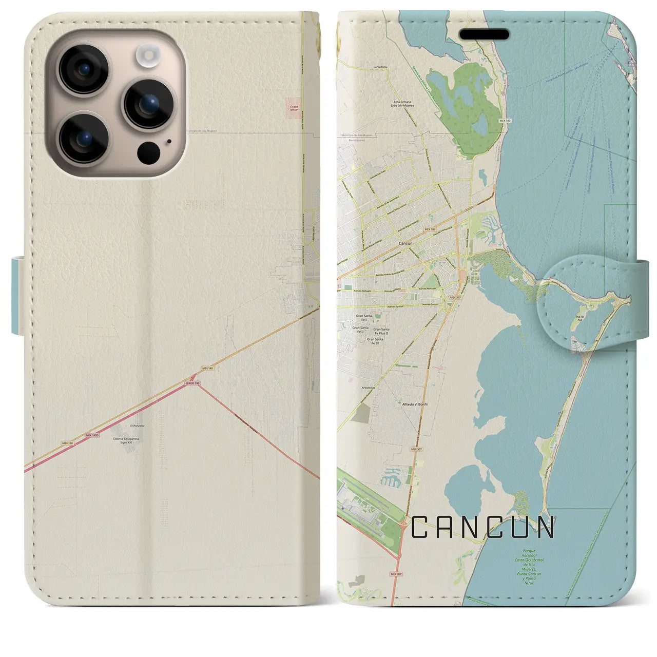 【カンクン(メキシコ)】地図柄iPhoneケース(手帳タイプ)ナチュラル・iPhone 16 Plus 用