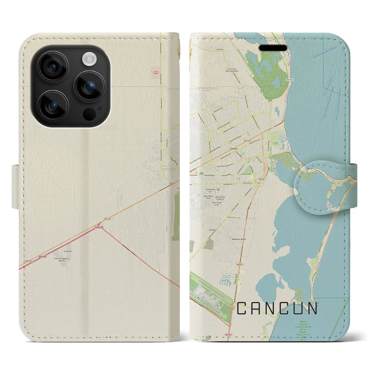 【カンクン(メキシコ)】地図柄iPhoneケース(手帳タイプ)ナチュラル・iPhone 16 用