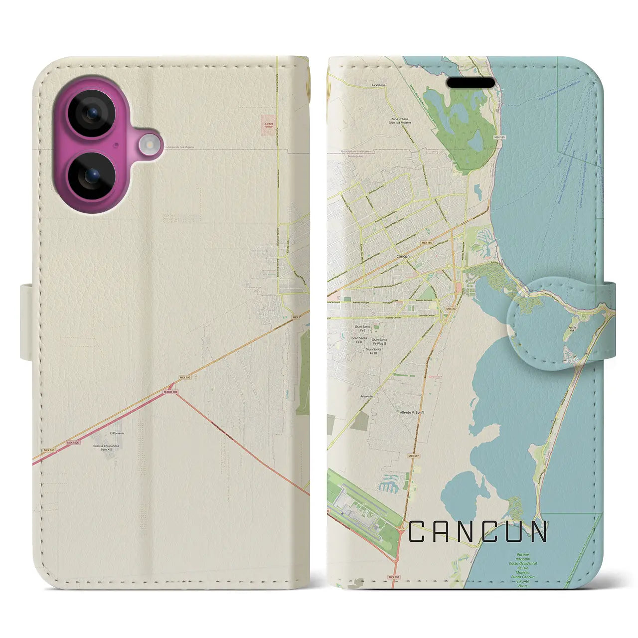 【カンクン(メキシコ)】地図柄iPhoneケース(手帳タイプ)ナチュラル・iPhone 16 Pro 用