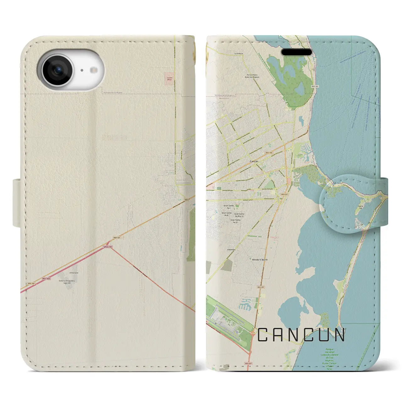 【カンクン(メキシコ)】地図柄iPhoneケース(手帳タイプ)