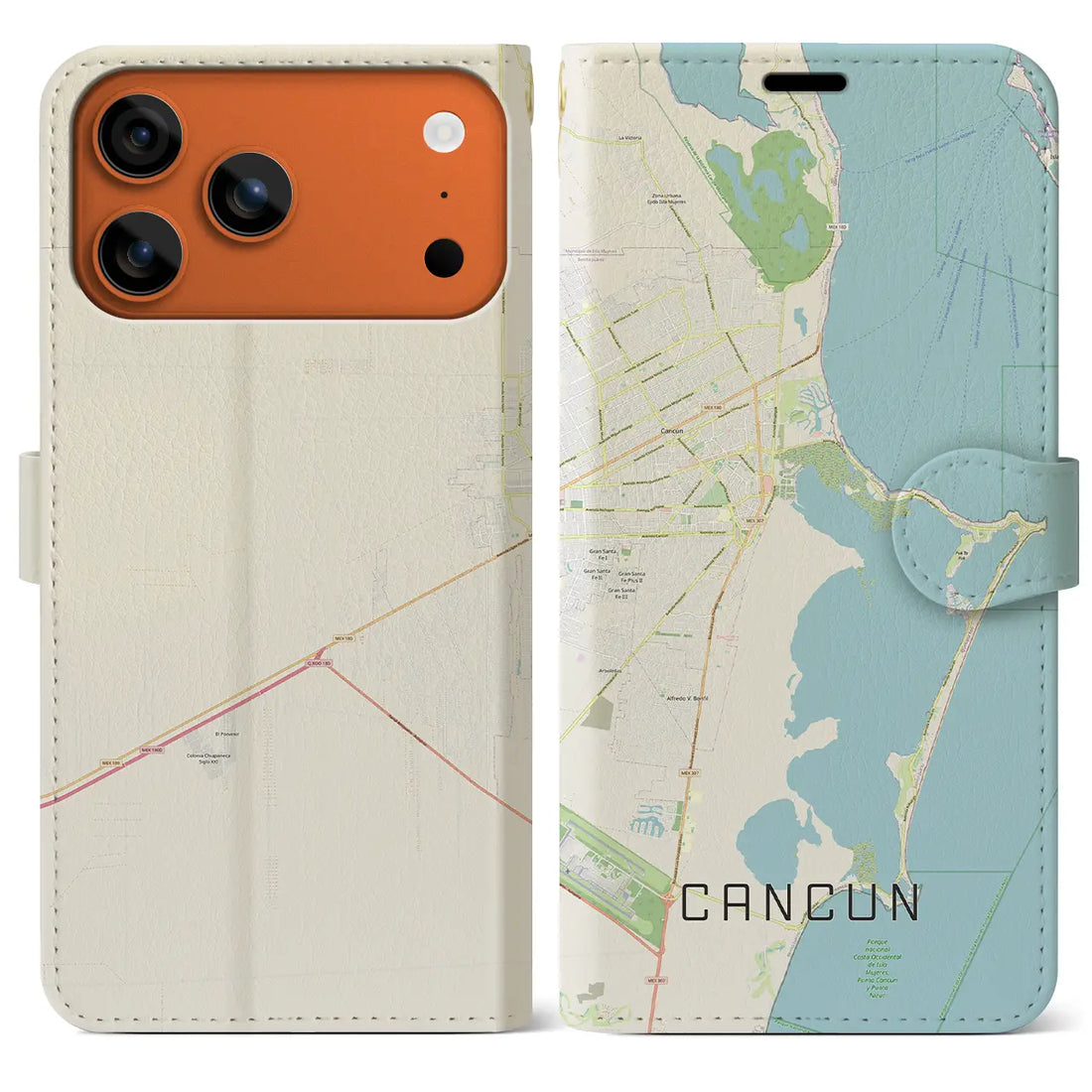 【カンクン(メキシコ)】地図柄iPhoneケース(手帳タイプ)ナチュラル・iPhone 17 Pro Max 用