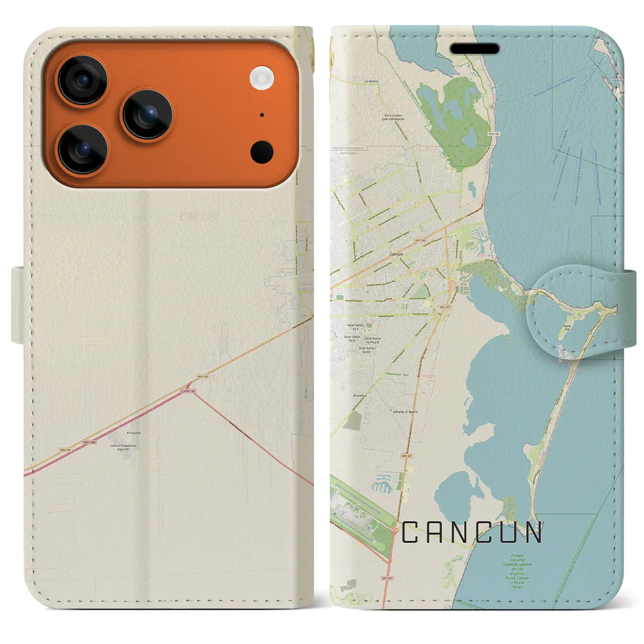 【カンクン(メキシコ)】地図柄iPhoneケース(手帳タイプ)ナチュラル・iPhone 17 Pro Max 用