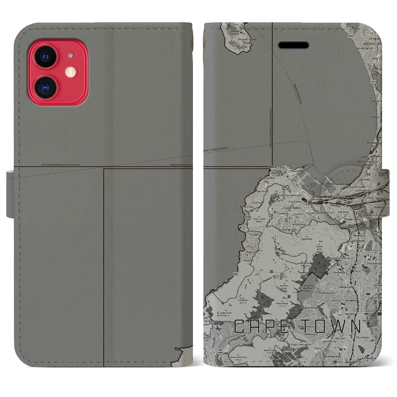 【ケープタウン(南アフリカ)】地図柄iPhoneケース(手帳タイプ)モノトーン・iPhone 11 用