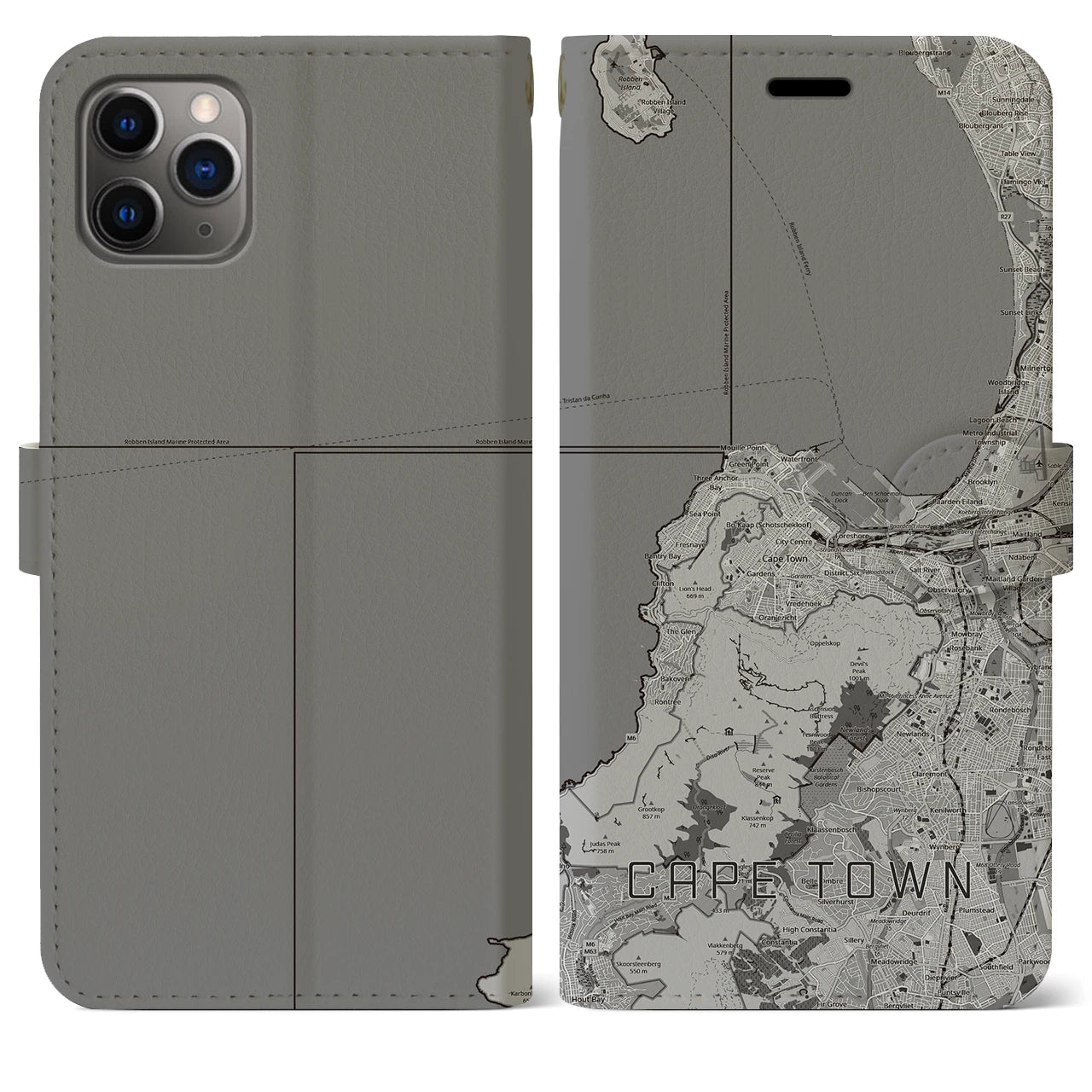 【ケープタウン(南アフリカ)】地図柄iPhoneケース(手帳タイプ)モノトーン・iPhone 11 Pro Max 用