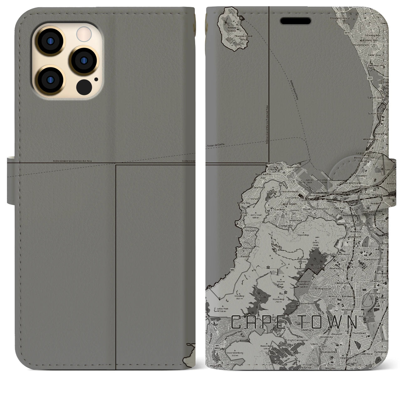 【ケープタウン(南アフリカ)】地図柄iPhoneケース(手帳タイプ)モノトーン・iPhone 12 Pro Max 用