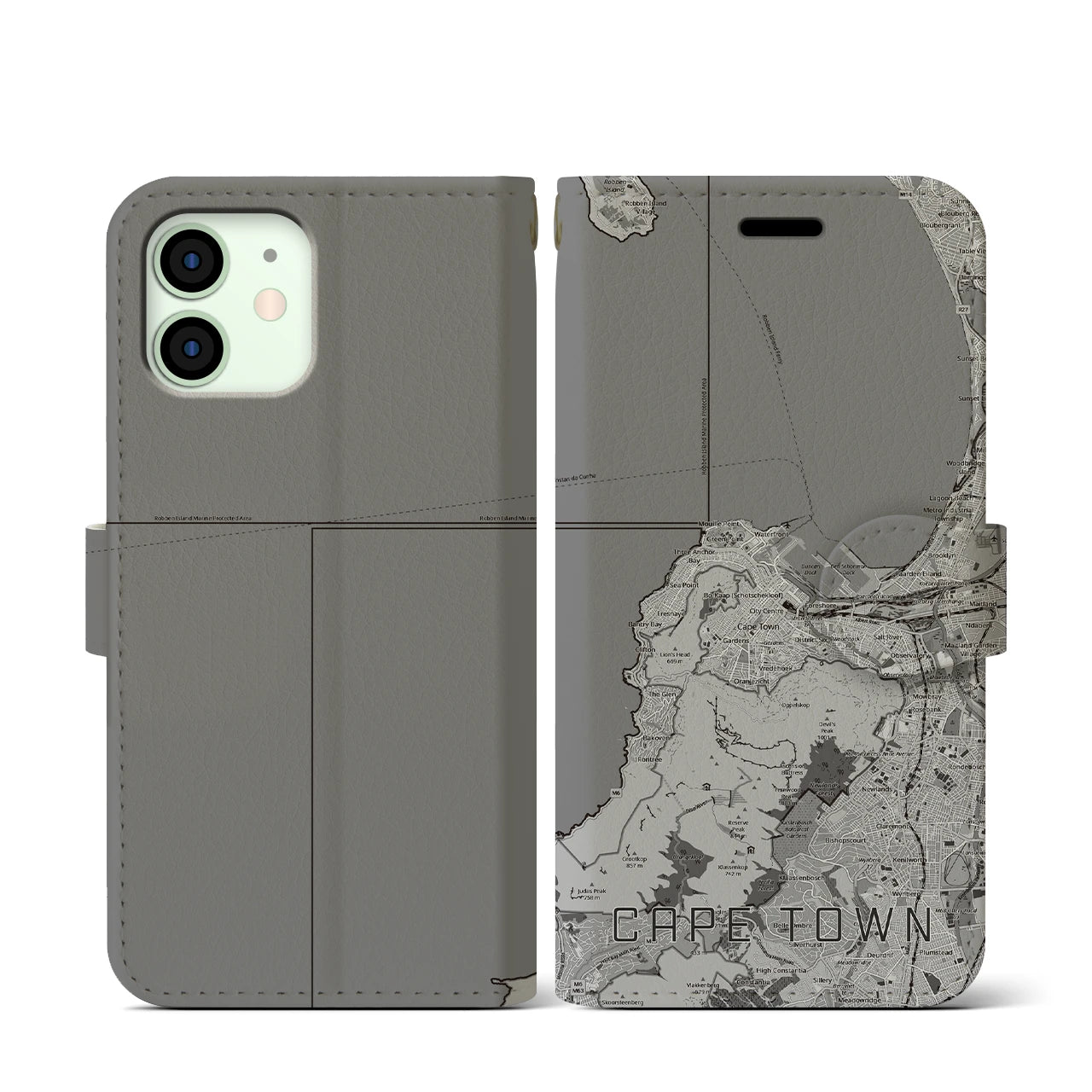 【ケープタウン(南アフリカ)】地図柄iPhoneケース(手帳タイプ)モノトーン・iPhone 12 mini 用