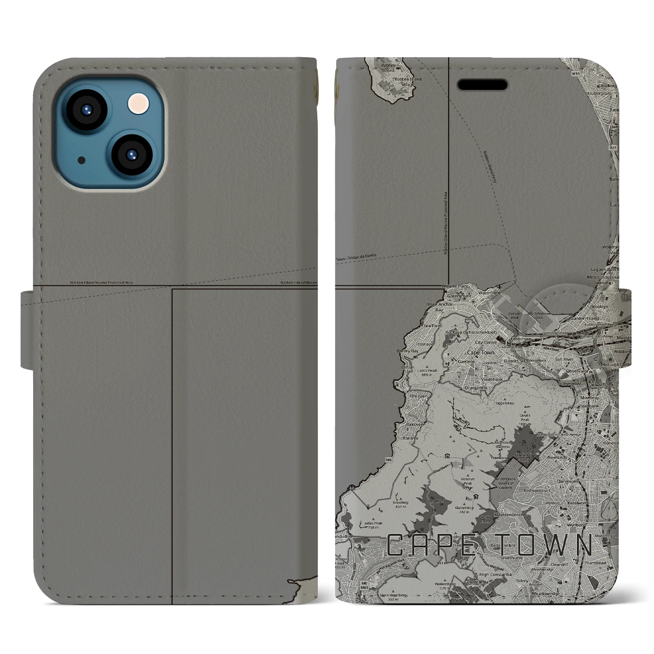 【ケープタウン(南アフリカ)】地図柄iPhoneケース(手帳タイプ)モノトーン・iPhone 13 用