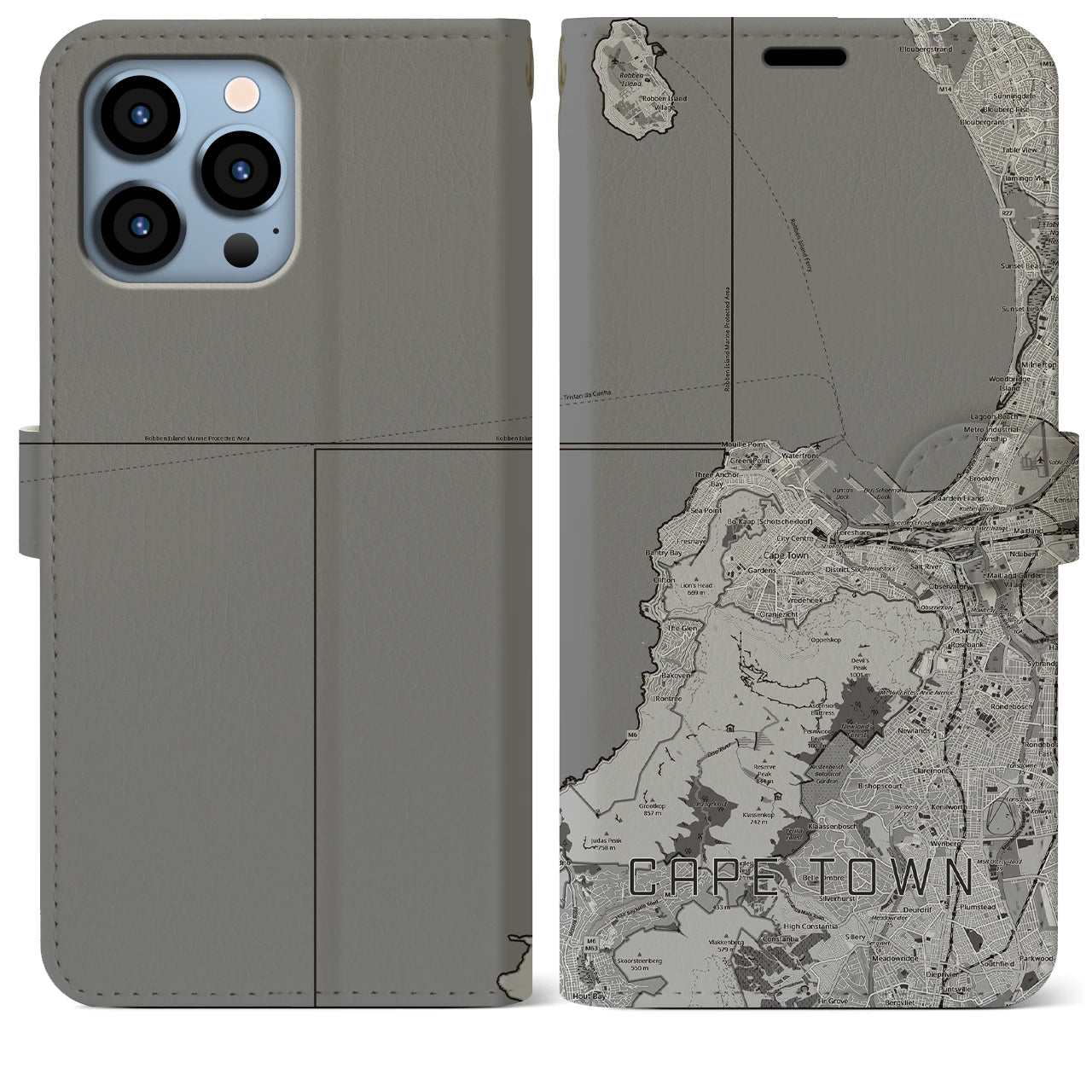 【ケープタウン(南アフリカ)】地図柄iPhoneケース(手帳タイプ)モノトーン・iPhone 13 Pro Max 用