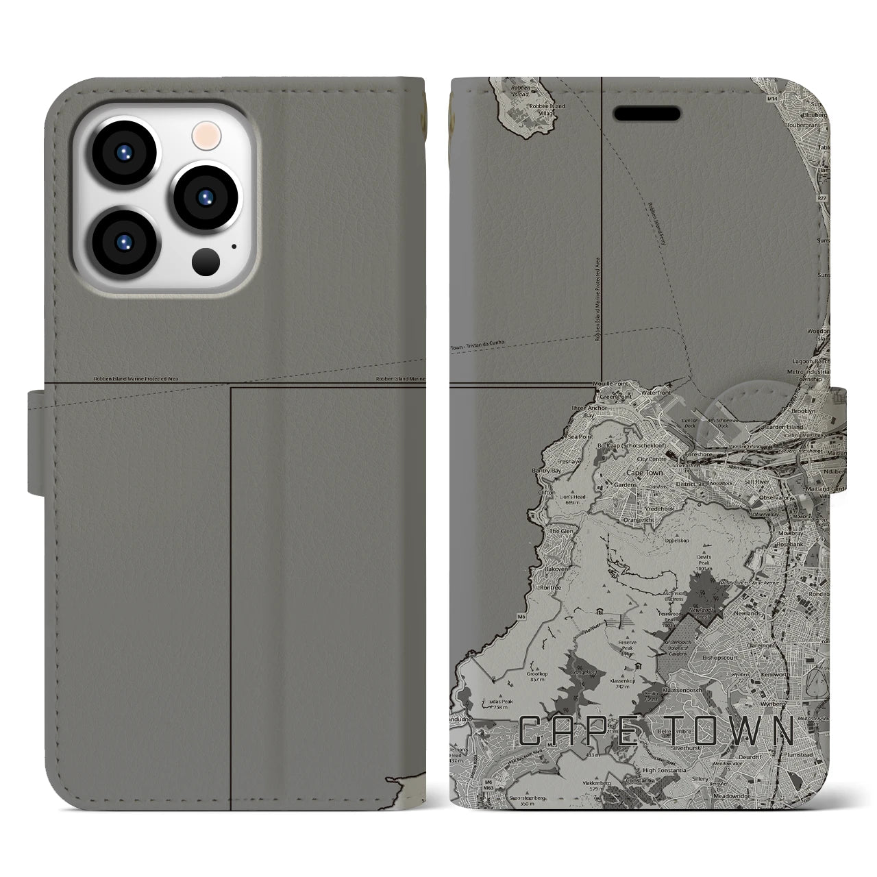 【ケープタウン(南アフリカ)】地図柄iPhoneケース(手帳タイプ)モノトーン・iPhone 13 Pro 用