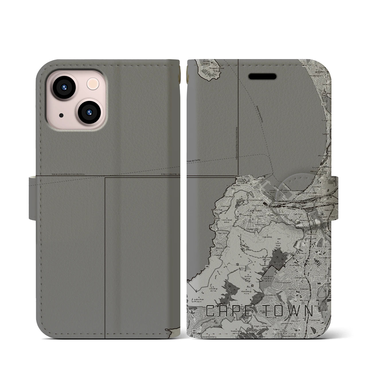 【ケープタウン(南アフリカ)】地図柄iPhoneケース(手帳タイプ)モノトーン・iPhone 13 mini 用