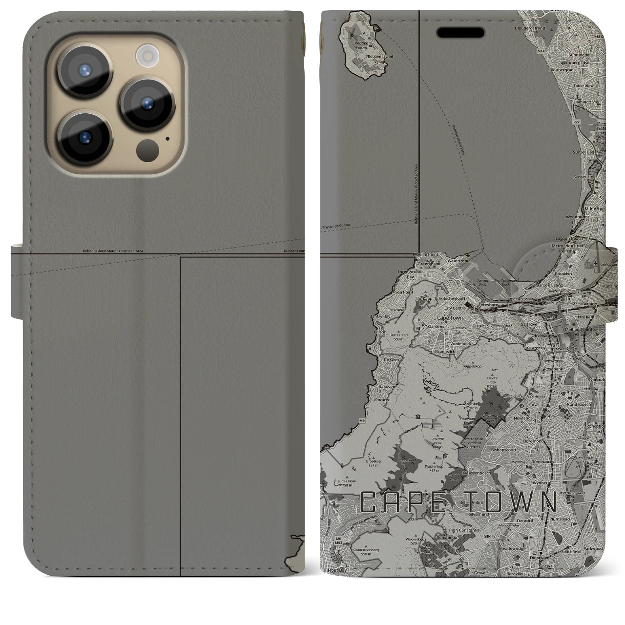 【ケープタウン(南アフリカ)】地図柄iPhoneケース(手帳タイプ)モノトーン・iPhone 14 Pro Max 用