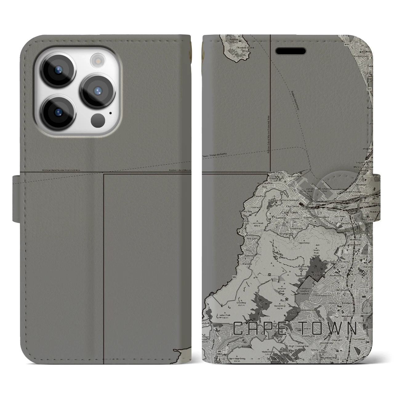 【ケープタウン(南アフリカ)】地図柄iPhoneケース(手帳タイプ)モノトーン・iPhone 14 Pro 用