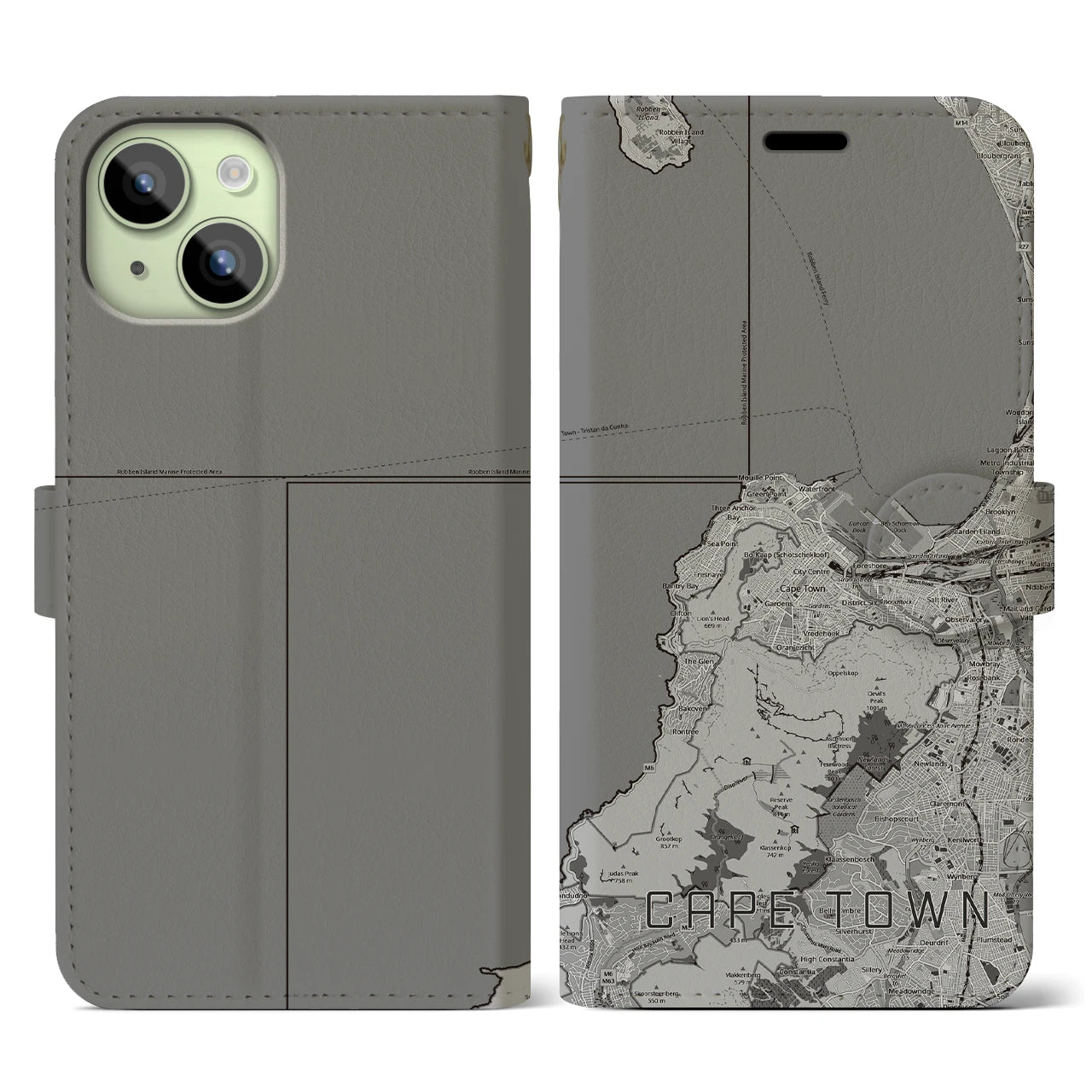 【ケープタウン(南アフリカ)】地図柄iPhoneケース(手帳タイプ)モノトーン・iPhone 15 用