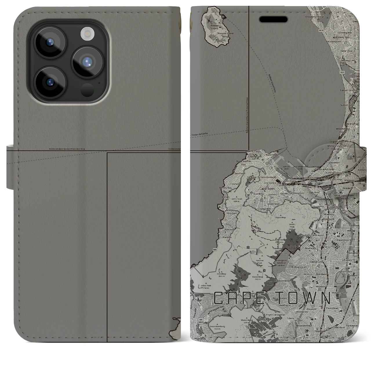 【ケープタウン(南アフリカ)】地図柄iPhoneケース(手帳タイプ)モノトーン・iPhone 15 Pro Max 用