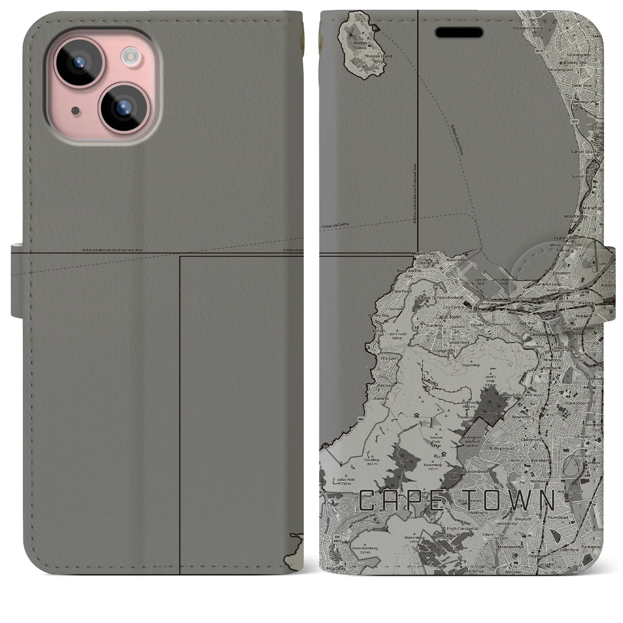 【ケープタウン(南アフリカ)】地図柄iPhoneケース(手帳タイプ)モノトーン・iPhone 15 Plus 用
