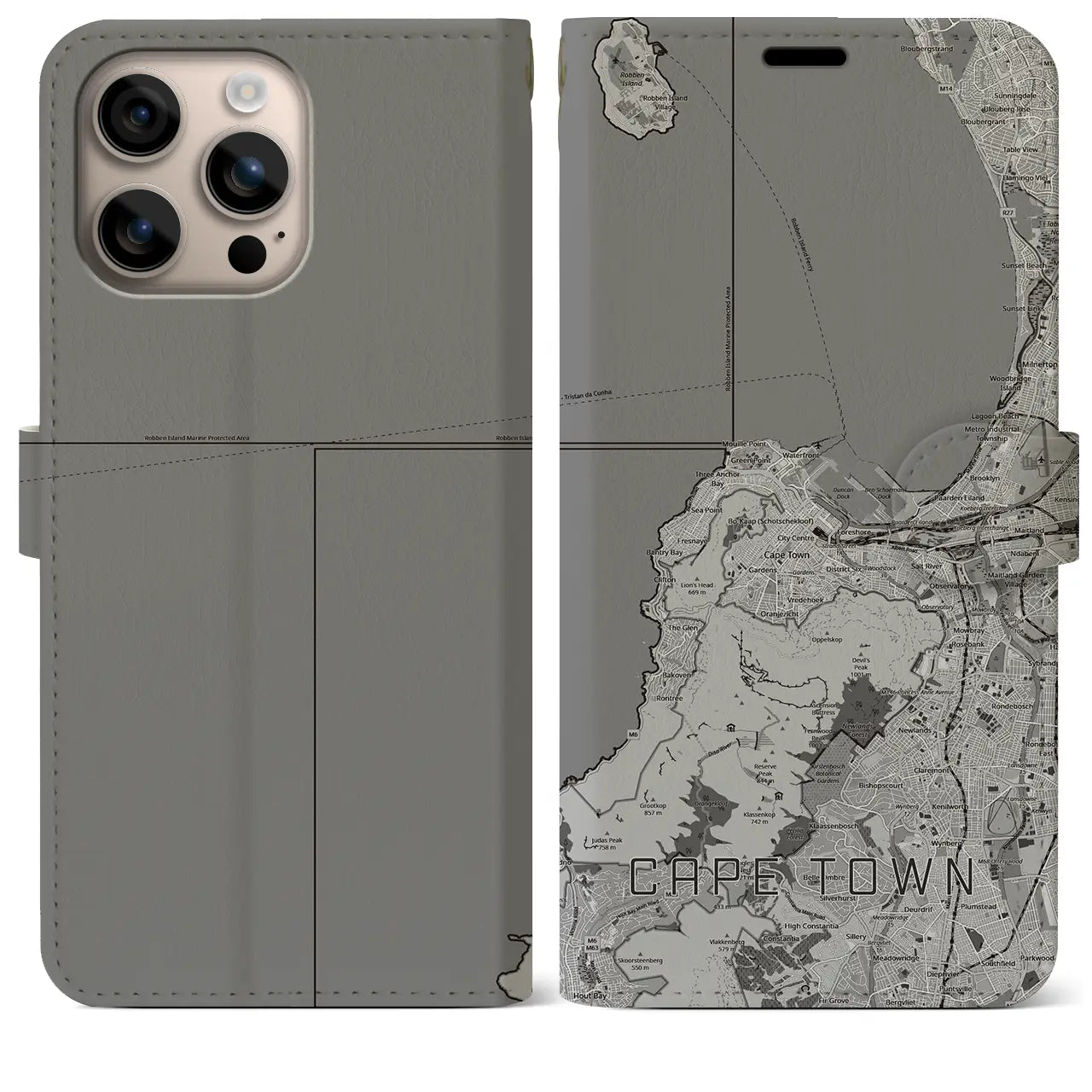 【ケープタウン(南アフリカ)】地図柄iPhoneケース(手帳タイプ)モノトーン・iPhone 16 Plus 用