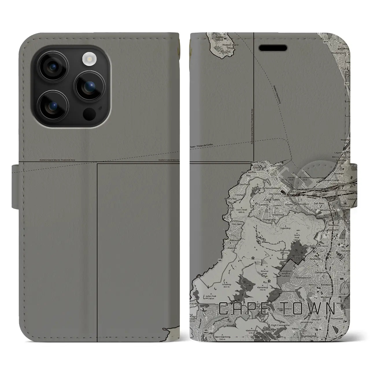 【ケープタウン(南アフリカ)】地図柄iPhoneケース(手帳タイプ)モノトーン・iPhone 16 用