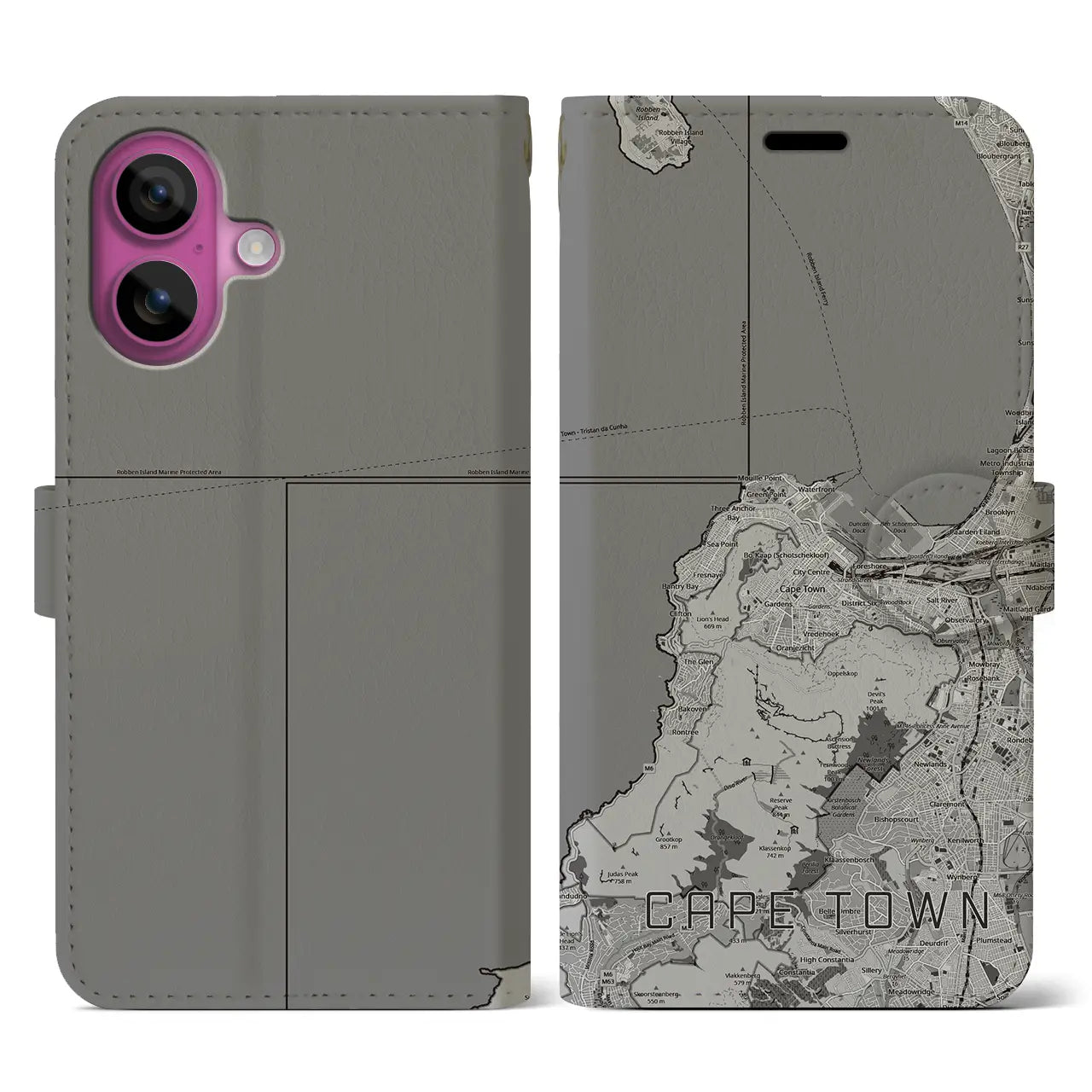 【ケープタウン(南アフリカ)】地図柄iPhoneケース(手帳タイプ)モノトーン・iPhone 16 Pro 用