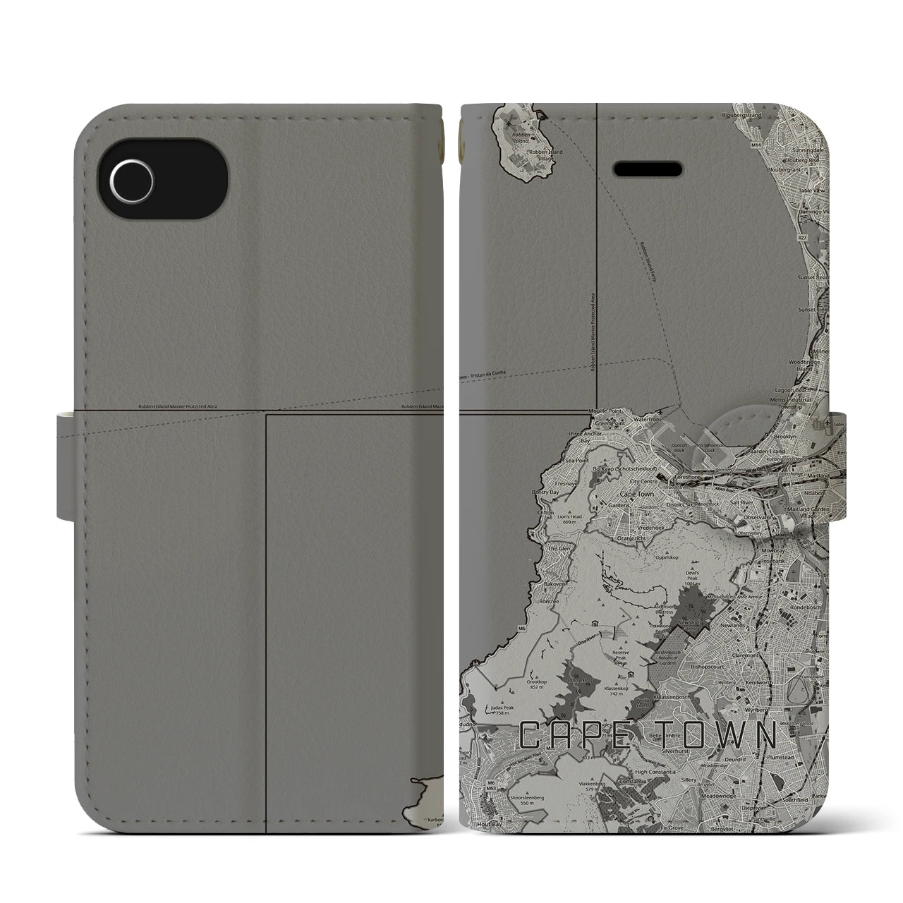 【ケープタウン(南アフリカ)】地図柄iPhoneケース(手帳タイプ)モノトーン・iPhone SE(第3 / 第2世代) / 8 / 7 / 6s / 6 用