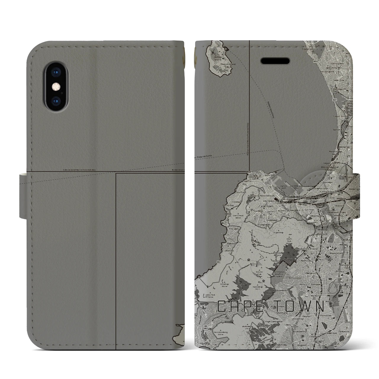 【ケープタウン(南アフリカ)】地図柄iPhoneケース(手帳タイプ)モノトーン・iPhone XS / X 用