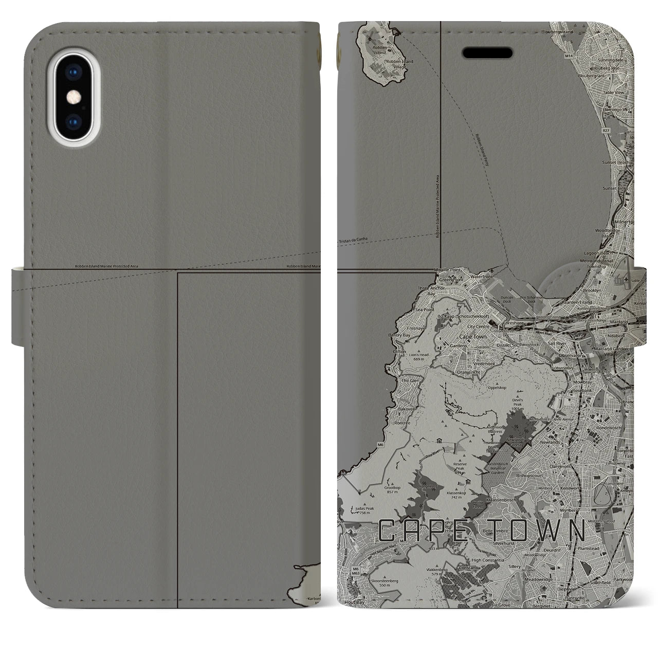 【ケープタウン(南アフリカ)】地図柄iPhoneケース(手帳タイプ)モノトーン・iPhone XS Max 用