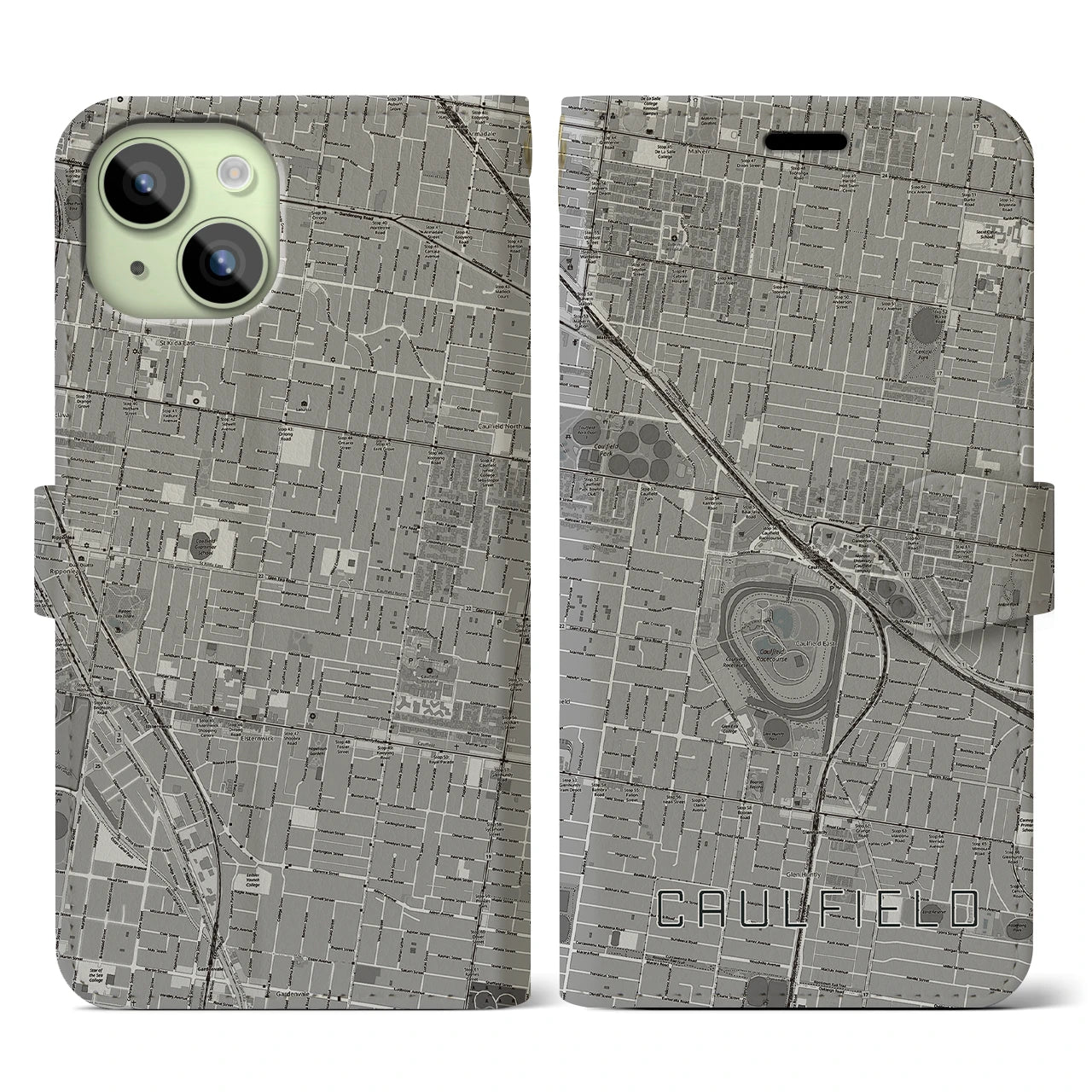 【コーフィールド(オーストラリア)】地図柄iPhoneケース(手帳タイプ)モノトーン・iPhone 15 用