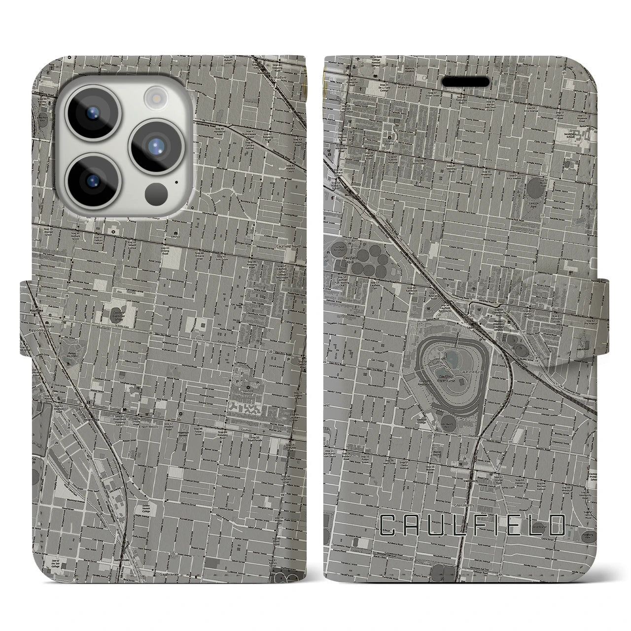 【コーフィールド(オーストラリア)】地図柄iPhoneケース(手帳タイプ)モノトーン・iPhone 15 Pro 用