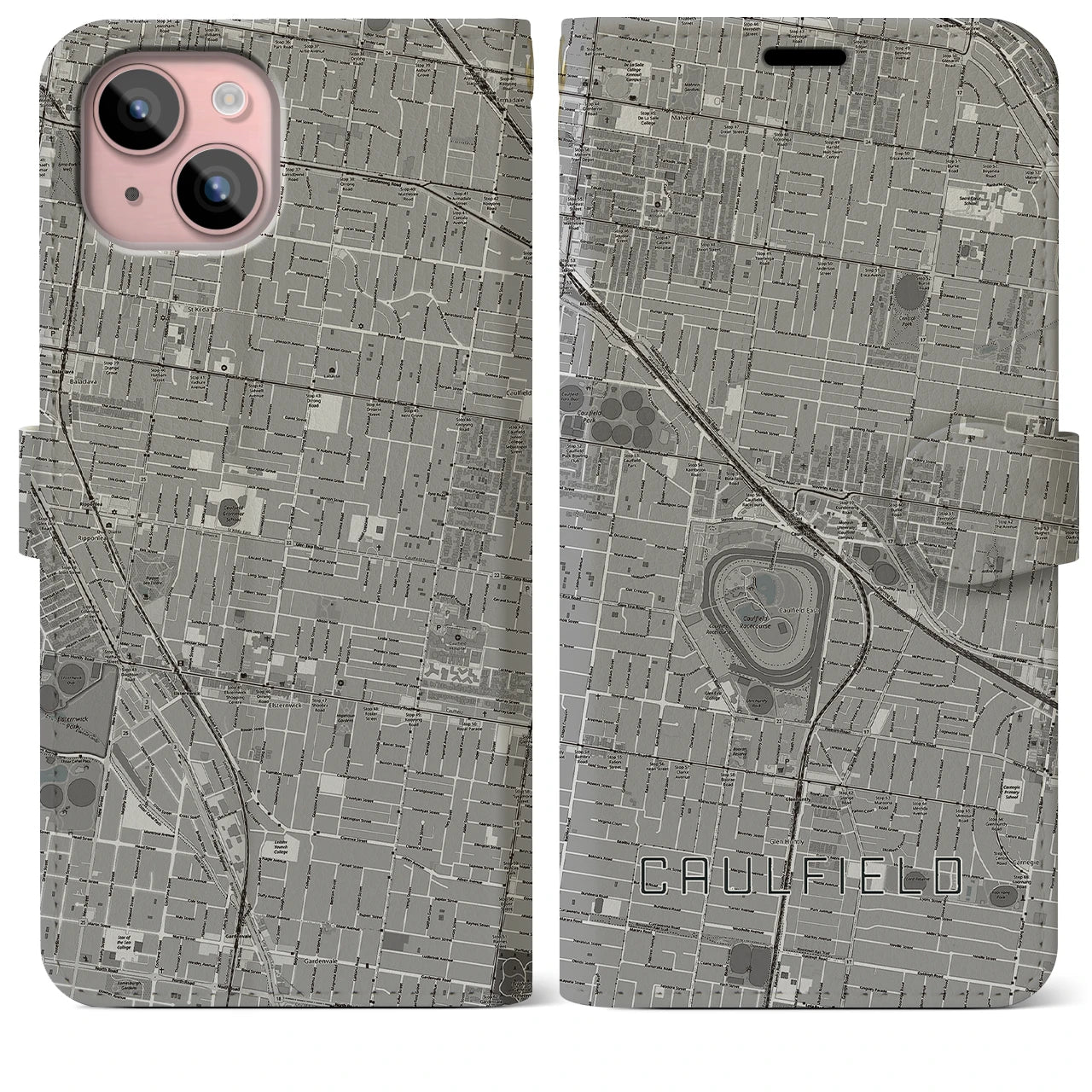 【コーフィールド(オーストラリア)】地図柄iPhoneケース(手帳タイプ)モノトーン・iPhone 15 Plus 用