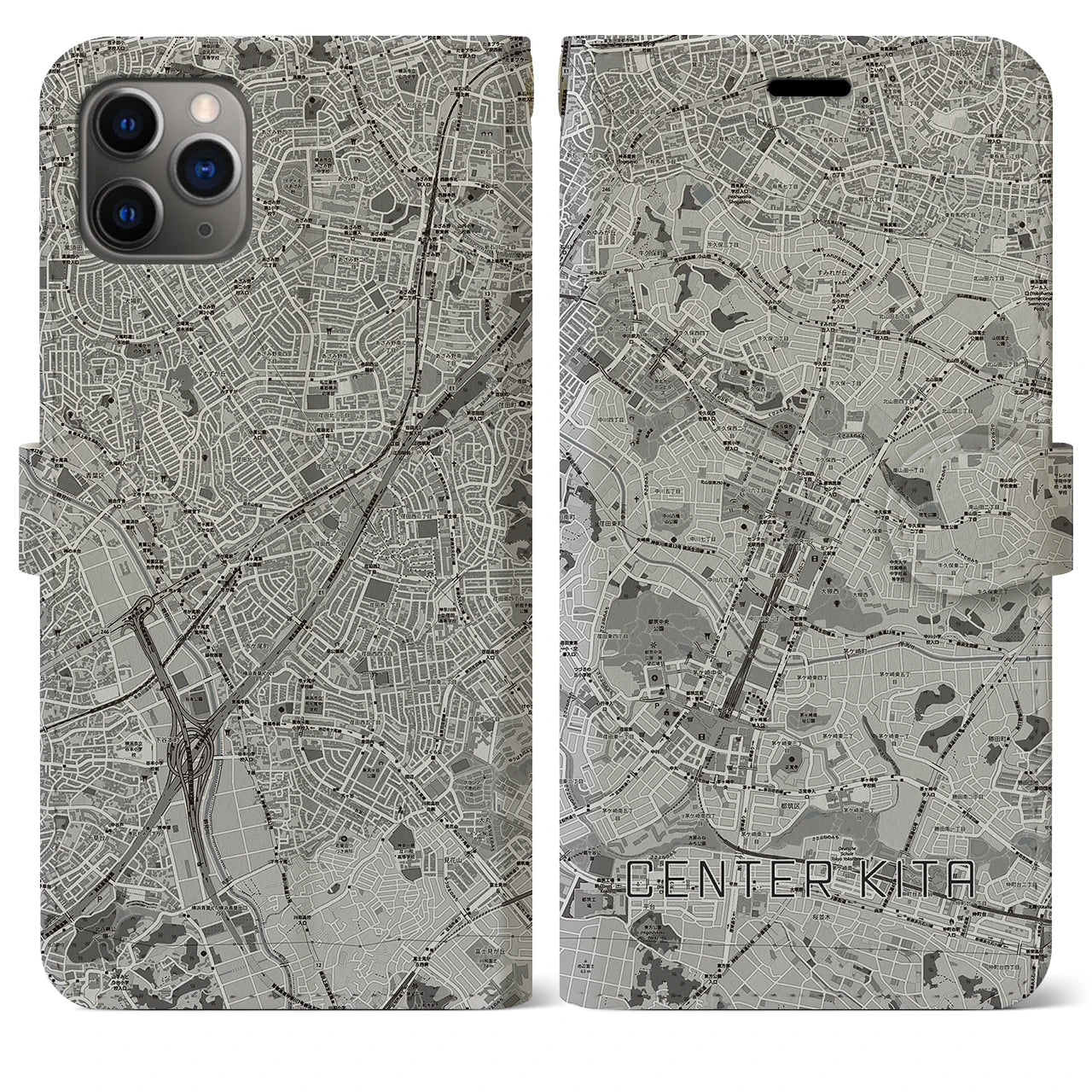 【センター北(神奈川県)】地図柄iPhoneケース(手帳タイプ)モノトーン・iPhone 11 Pro Max 用