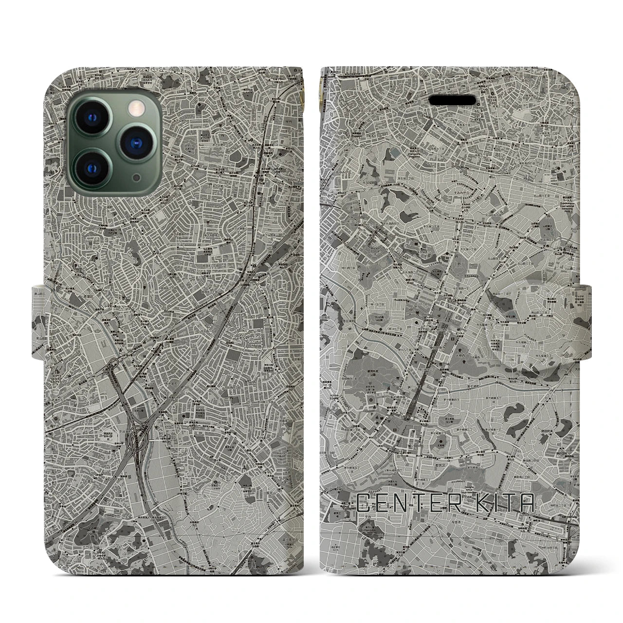 【センター北(神奈川県)】地図柄iPhoneケース(手帳タイプ)モノトーン・iPhone 11 Pro 用