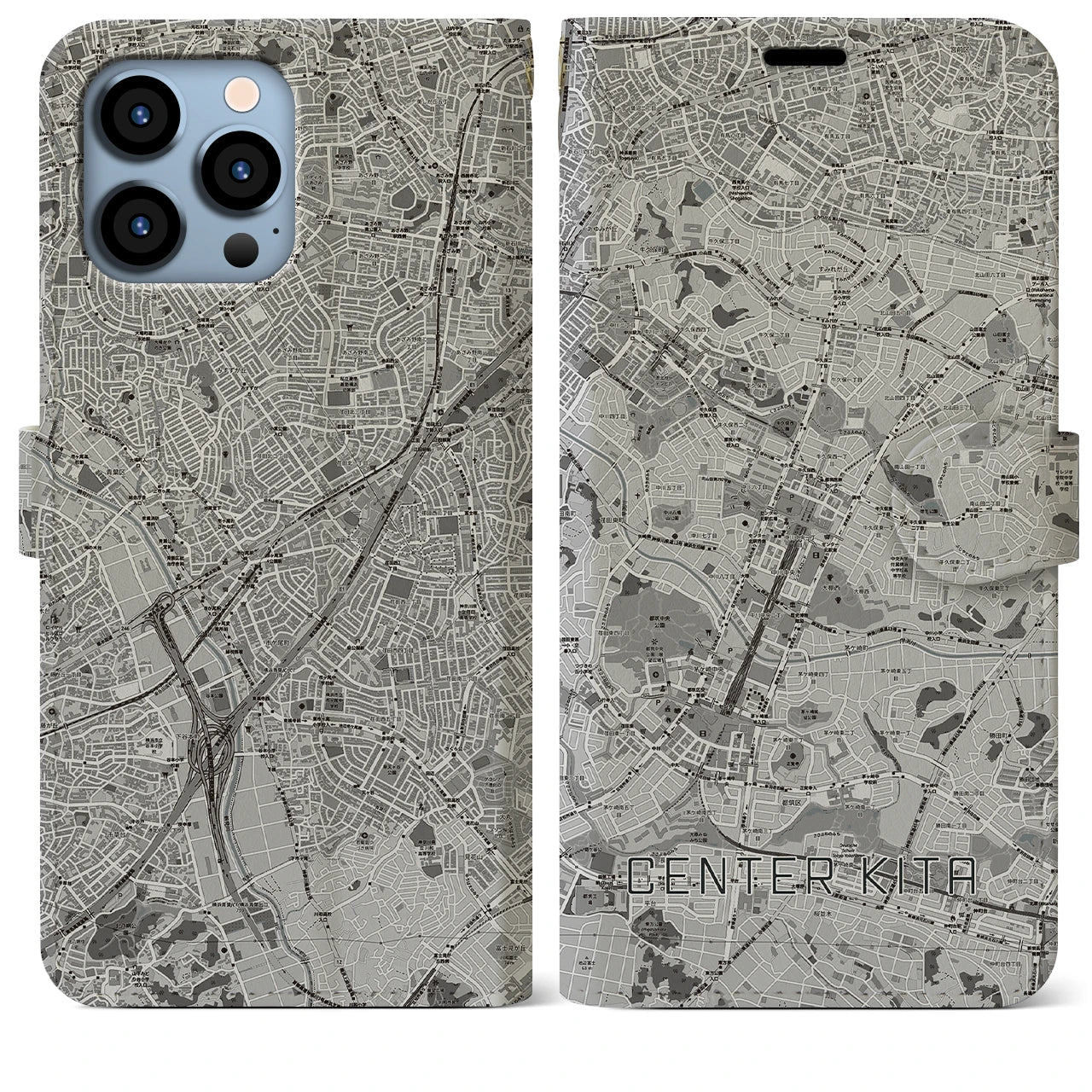 【センター北(神奈川県)】地図柄iPhoneケース(手帳タイプ)モノトーン・iPhone 13 Pro Max 用