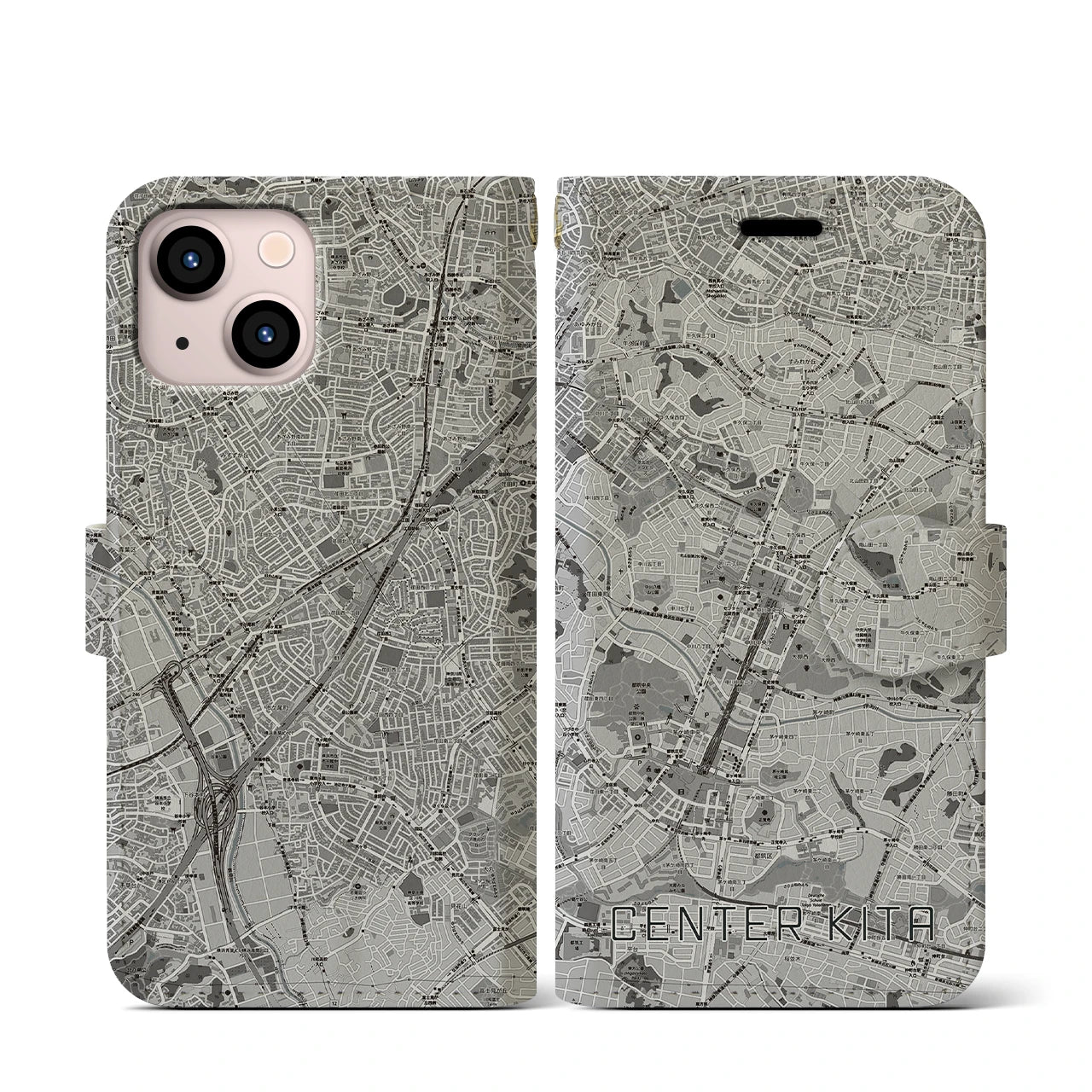 【センター北(神奈川県)】地図柄iPhoneケース(手帳タイプ)モノトーン・iPhone 13 mini 用