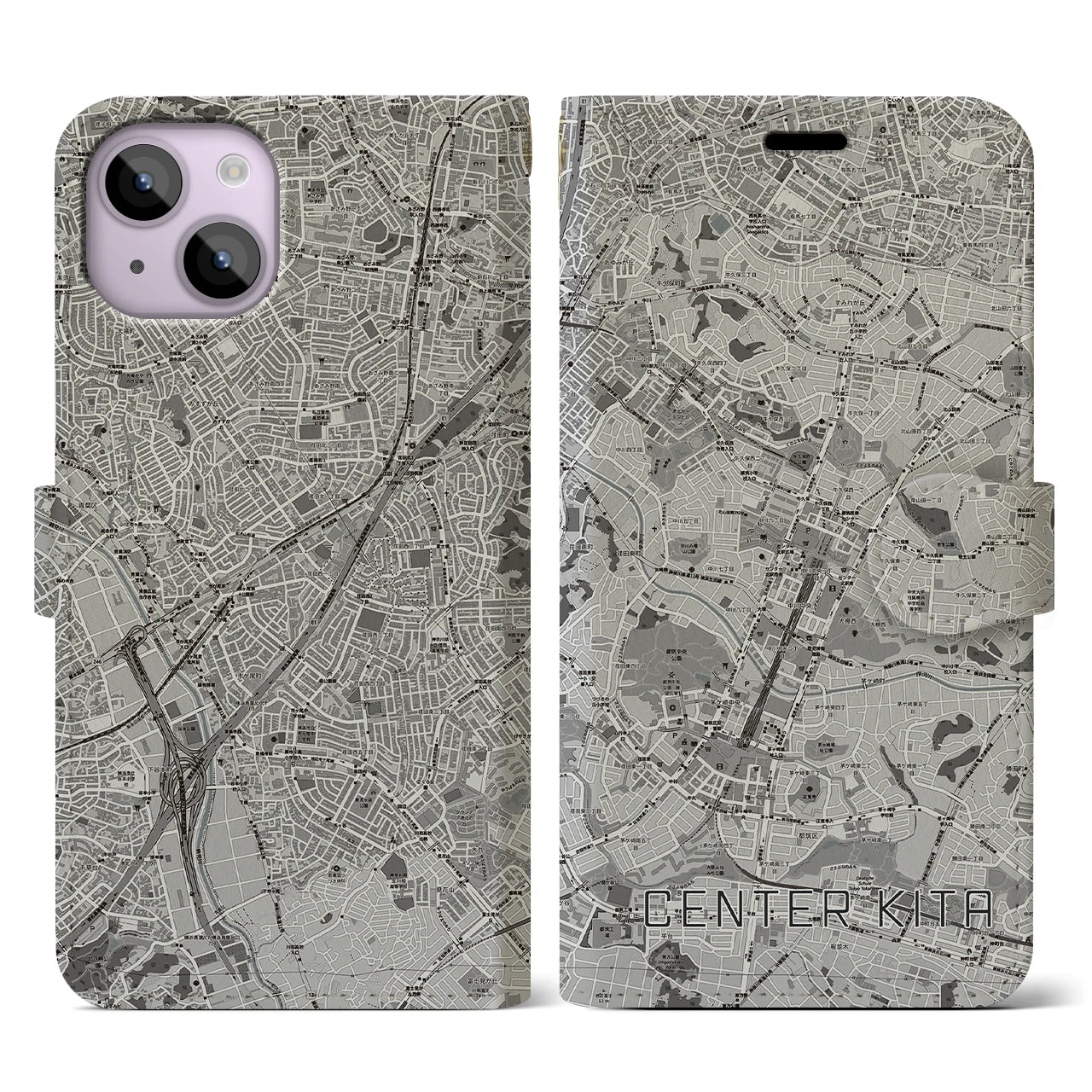 【センター北(神奈川県)】地図柄iPhoneケース(手帳タイプ)モノトーン・iPhone 14 用