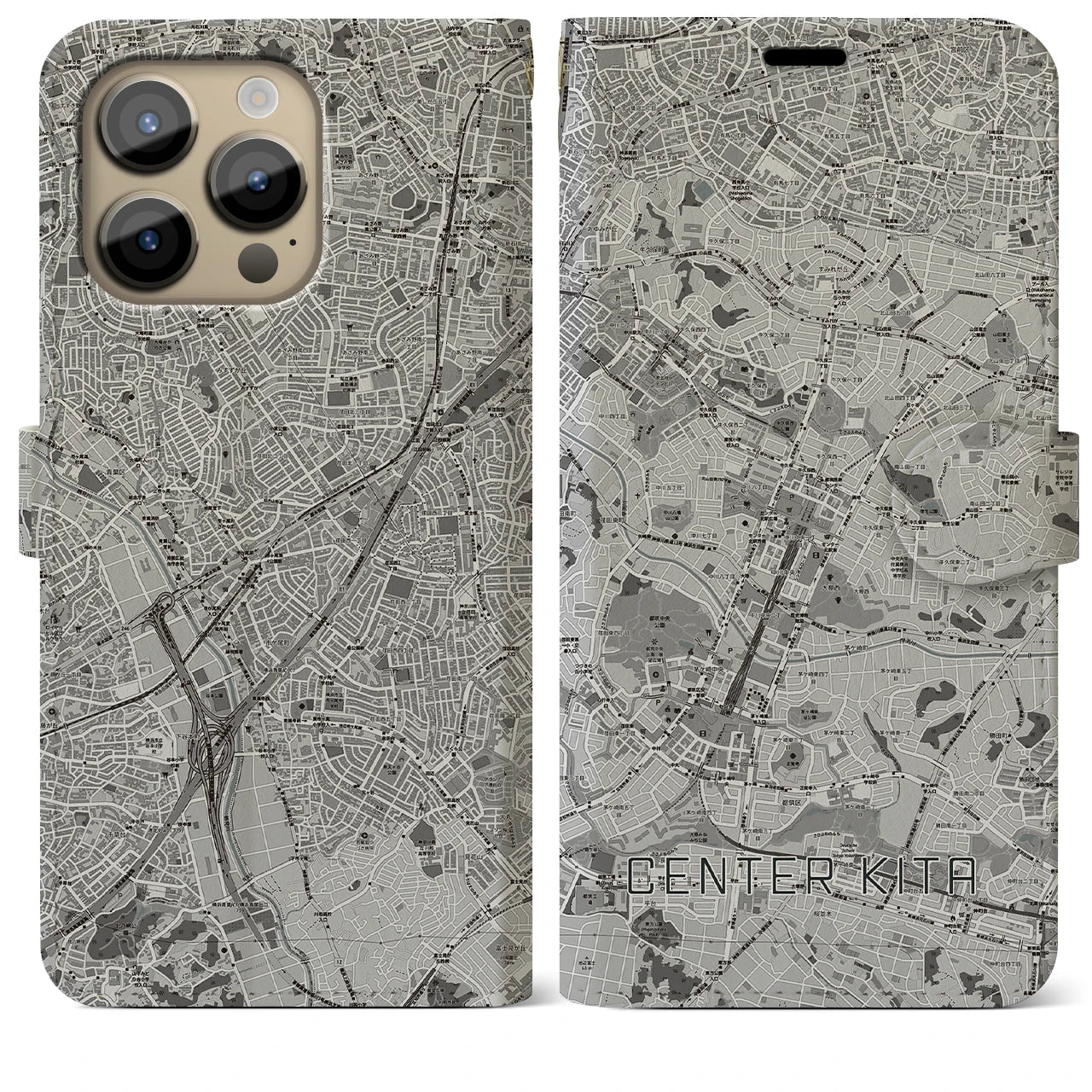 【センター北(神奈川県)】地図柄iPhoneケース(手帳タイプ)モノトーン・iPhone 14 Pro Max 用