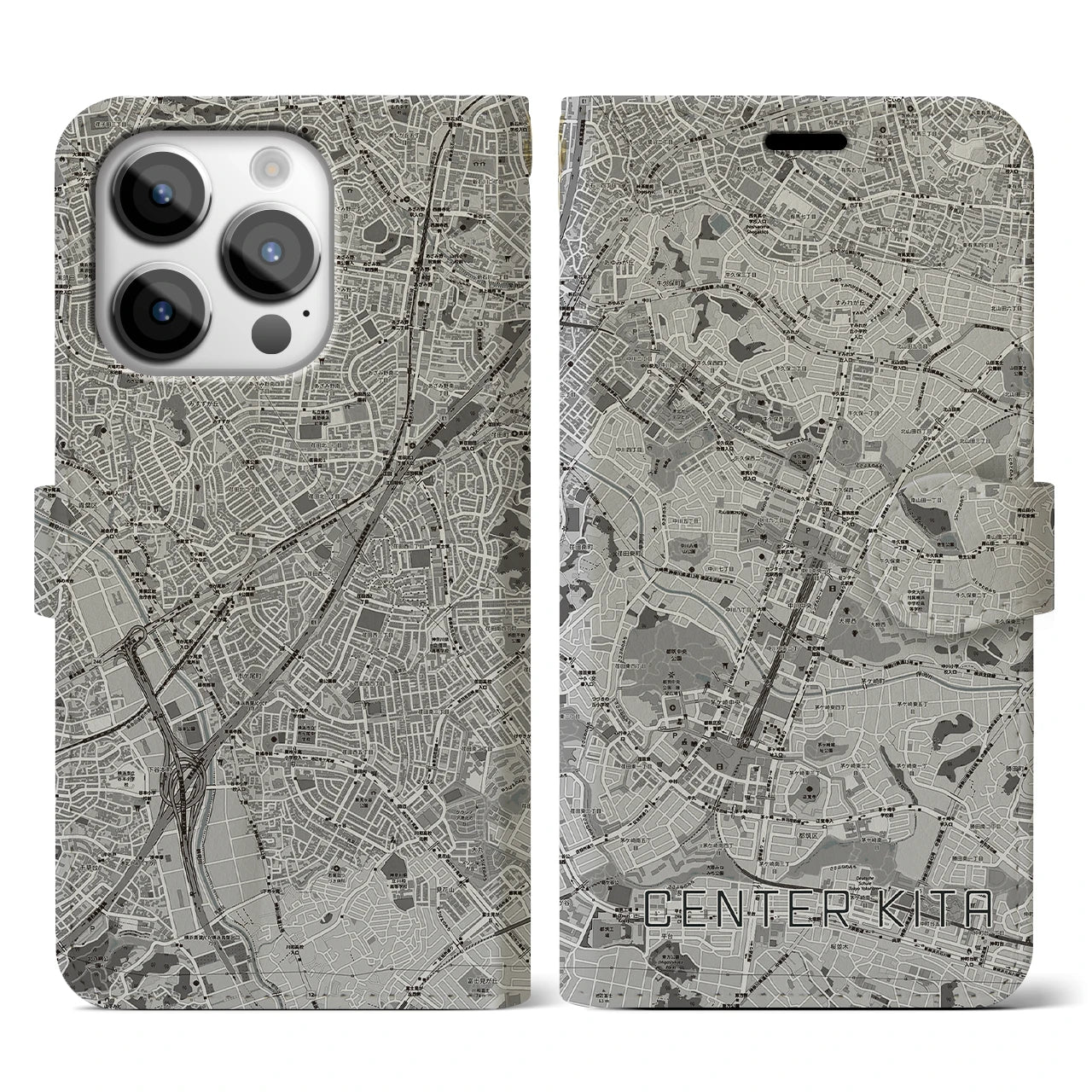 【センター北(神奈川県)】地図柄iPhoneケース(手帳タイプ)モノトーン・iPhone 14 Pro 用
