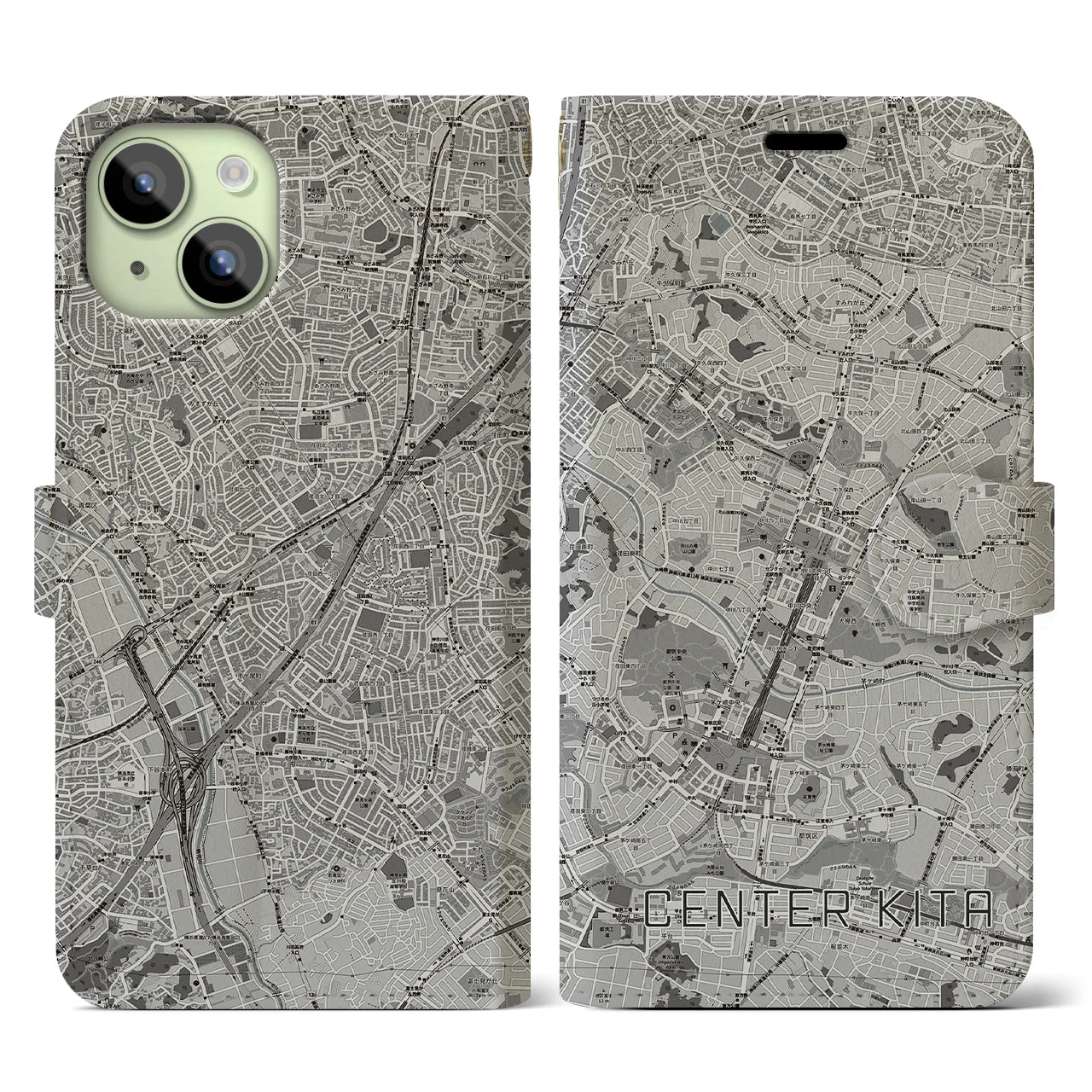 【センター北(神奈川県)】地図柄iPhoneケース(手帳タイプ)モノトーン・iPhone 15 用