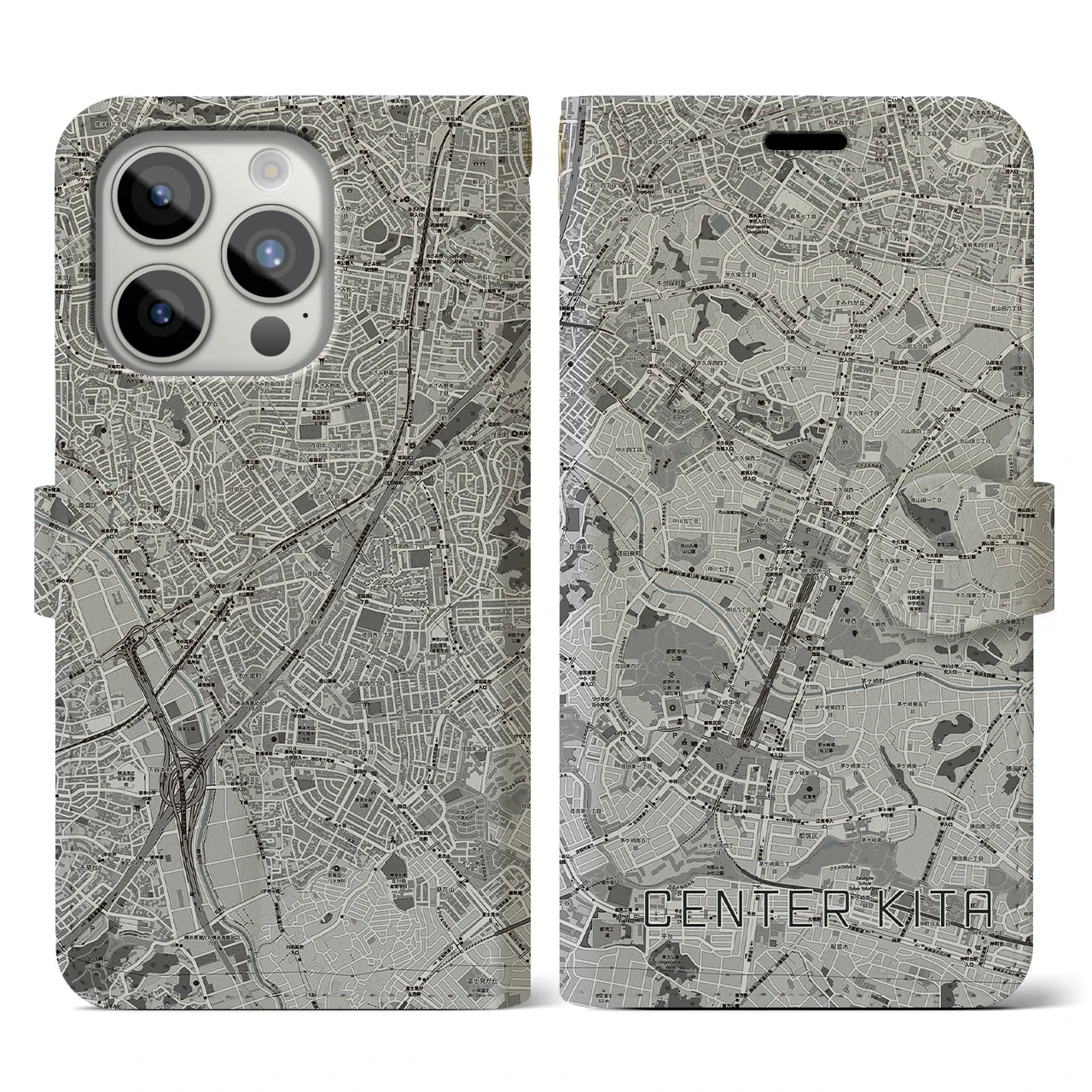 【センター北(神奈川県)】地図柄iPhoneケース(手帳タイプ)モノトーン・iPhone 15 Pro 用