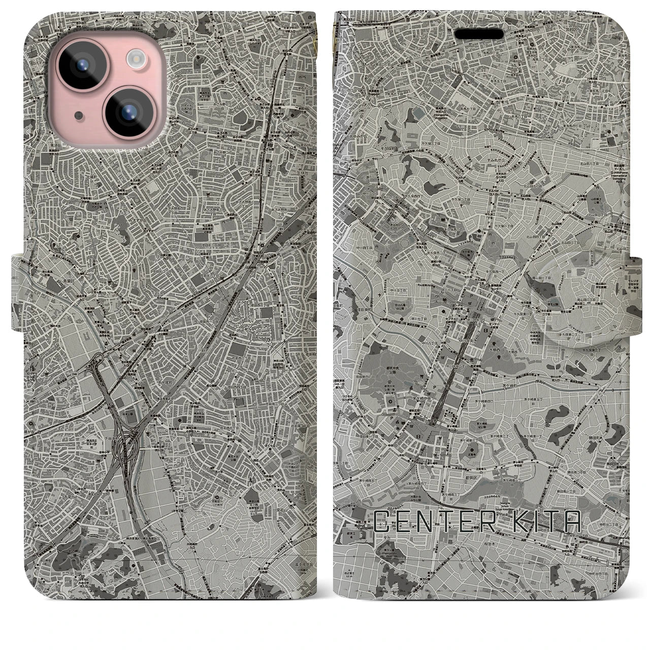 【センター北(神奈川県)】地図柄iPhoneケース(手帳タイプ)モノトーン・iPhone 15 Plus 用