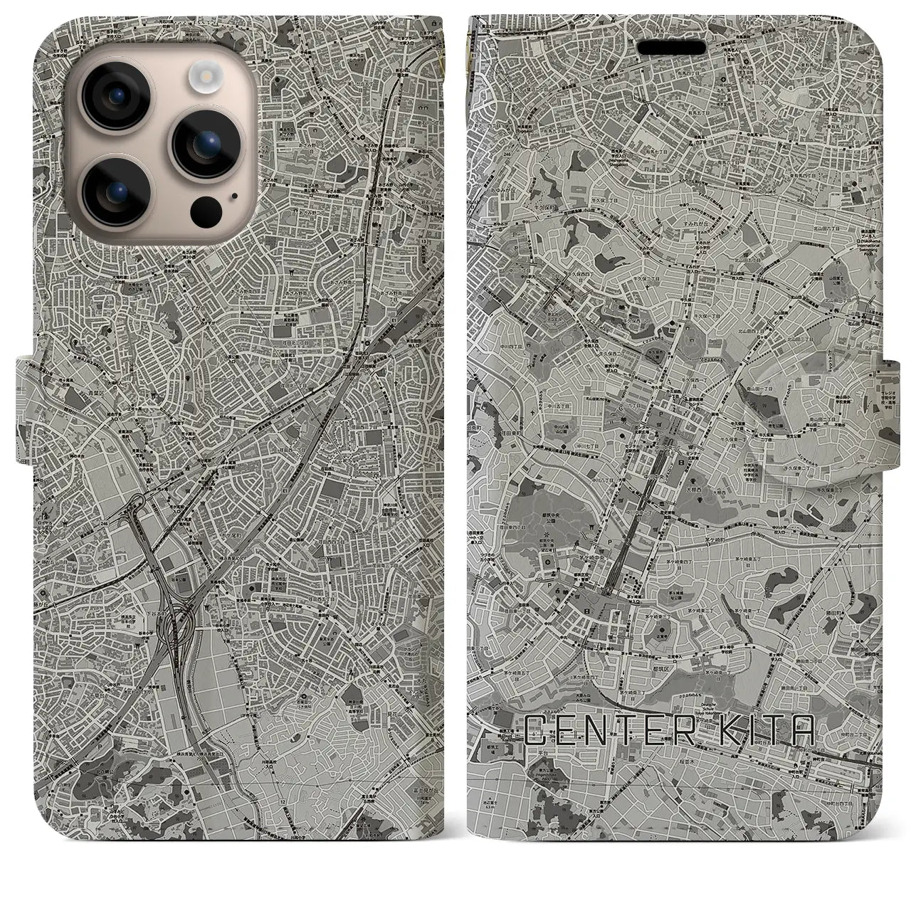 【センター北(神奈川県)】地図柄iPhoneケース(手帳タイプ)モノトーン・iPhone 16 Plus 用