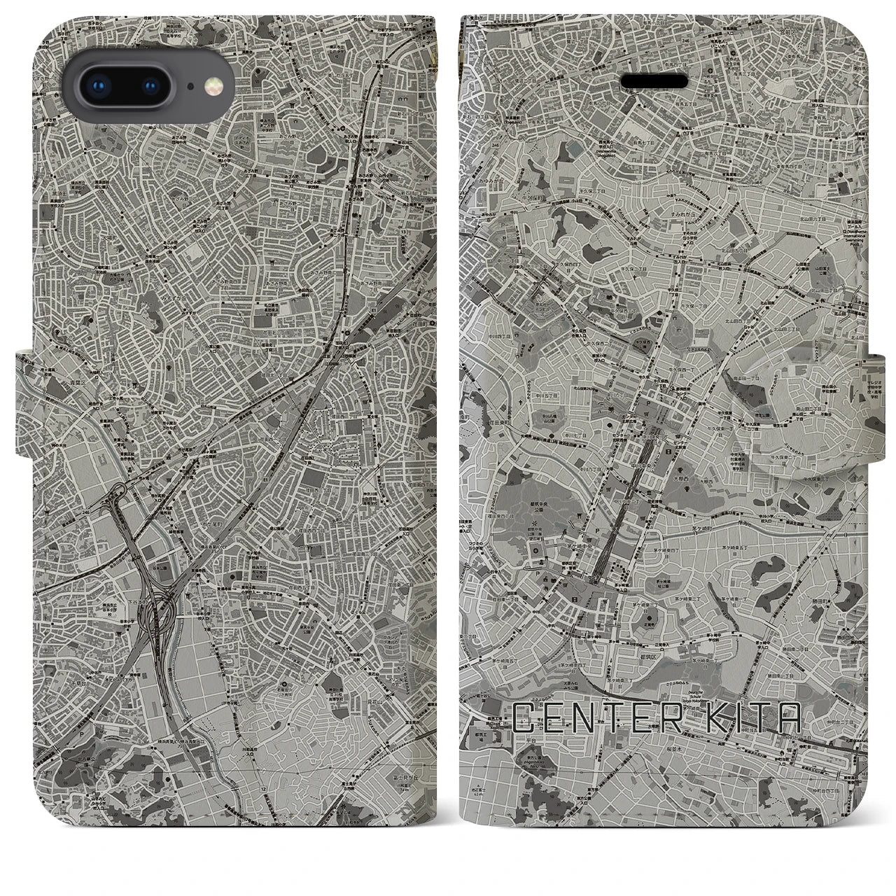 【センター北(神奈川県)】地図柄iPhoneケース(手帳タイプ)モノトーン・iPhone 8Plus /7Plus / 6sPlus / 6Plus 用