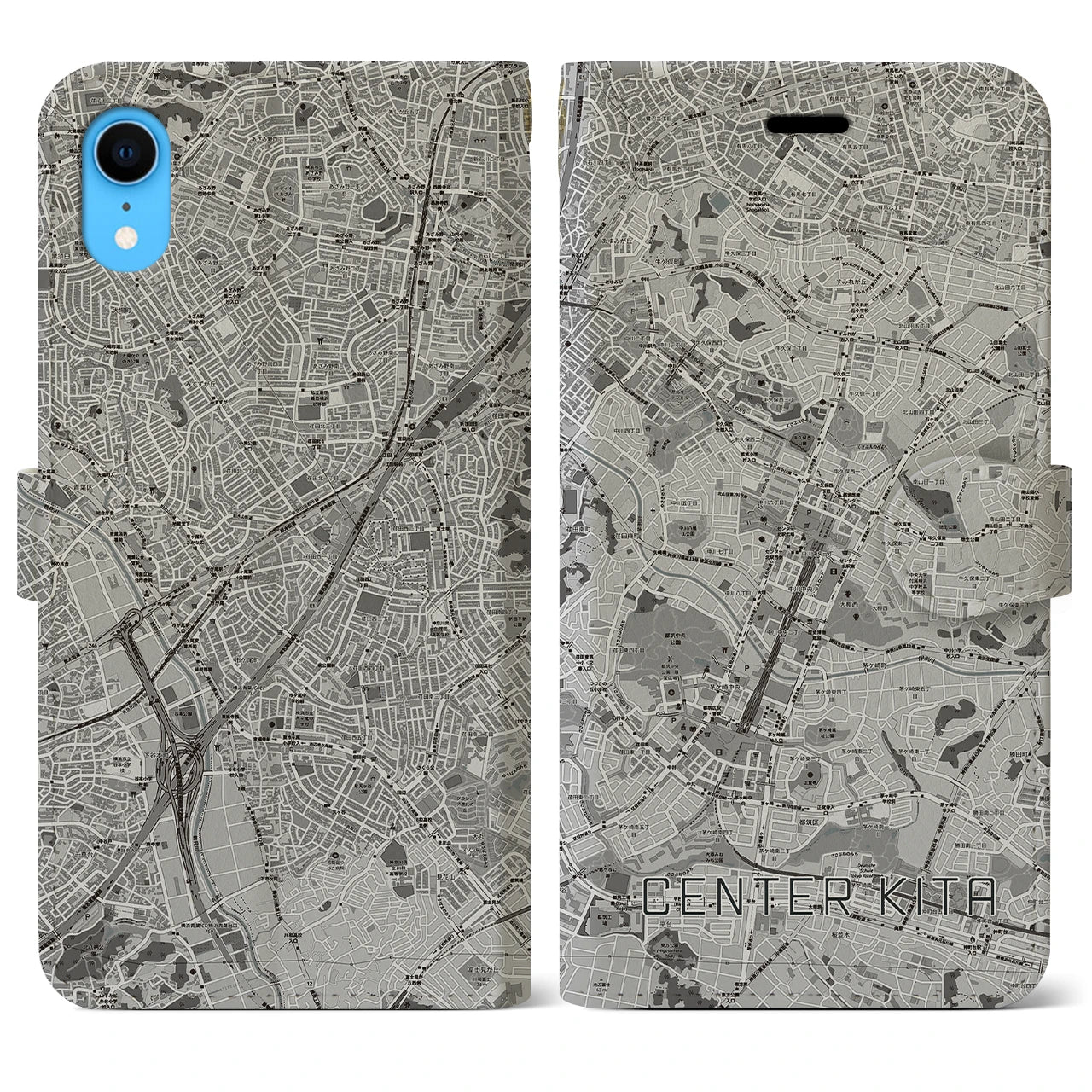 【センター北(神奈川県)】地図柄iPhoneケース(手帳タイプ)モノトーン・iPhone XR 用