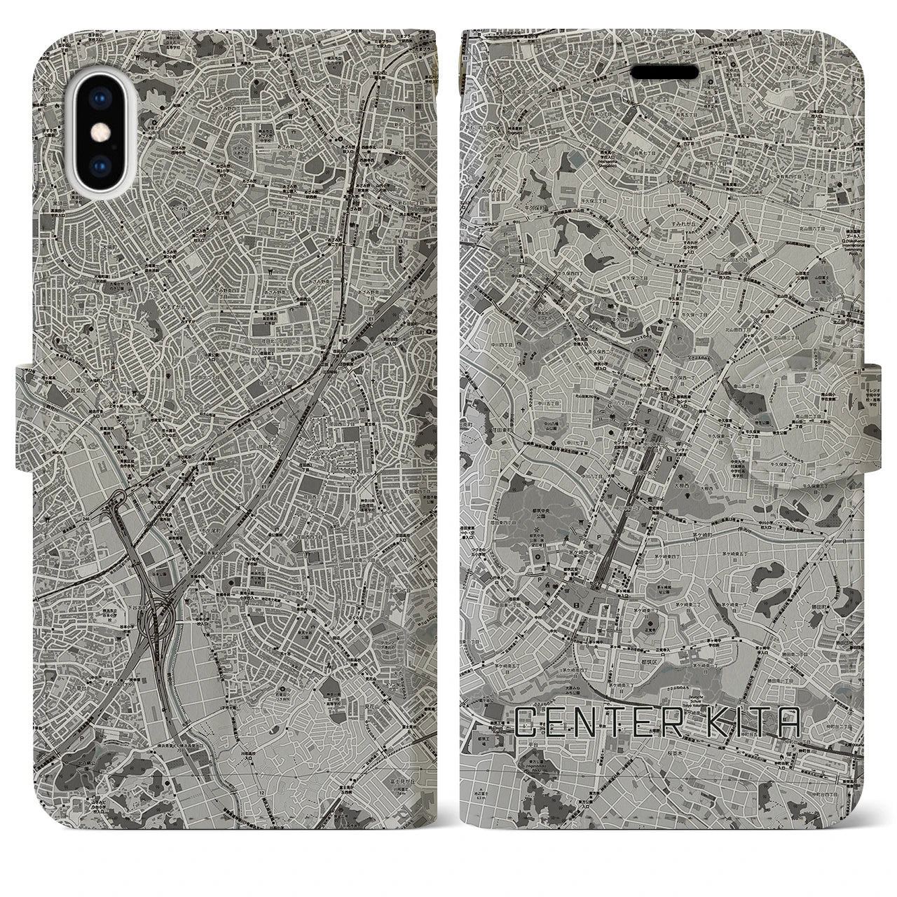 【センター北(神奈川県)】地図柄iPhoneケース(手帳タイプ)モノトーン・iPhone XS Max 用