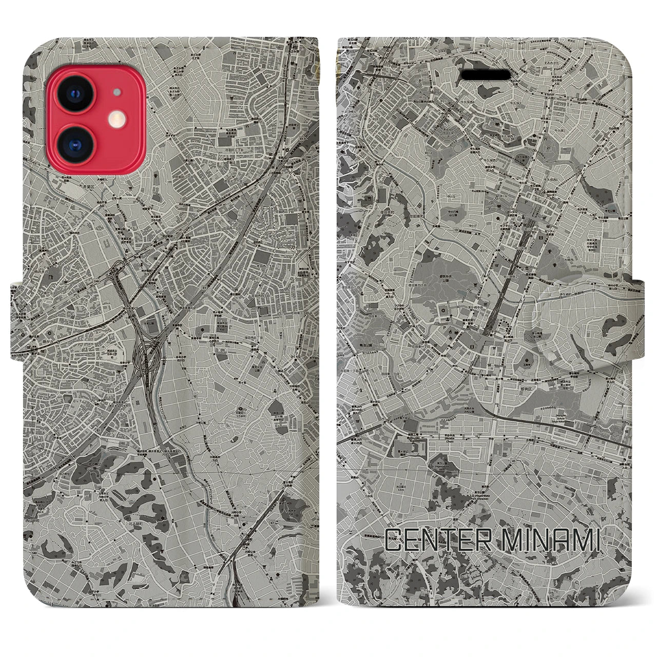 【センター南(神奈川県)】地図柄iPhoneケース(手帳タイプ)モノトーン・iPhone 11 用