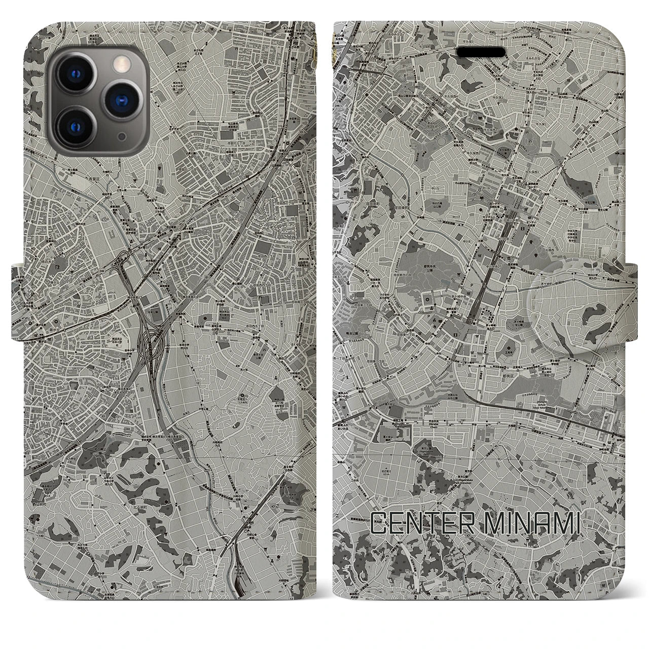 【センター南(神奈川県)】地図柄iPhoneケース(手帳タイプ)モノトーン・iPhone 11 Pro Max 用
