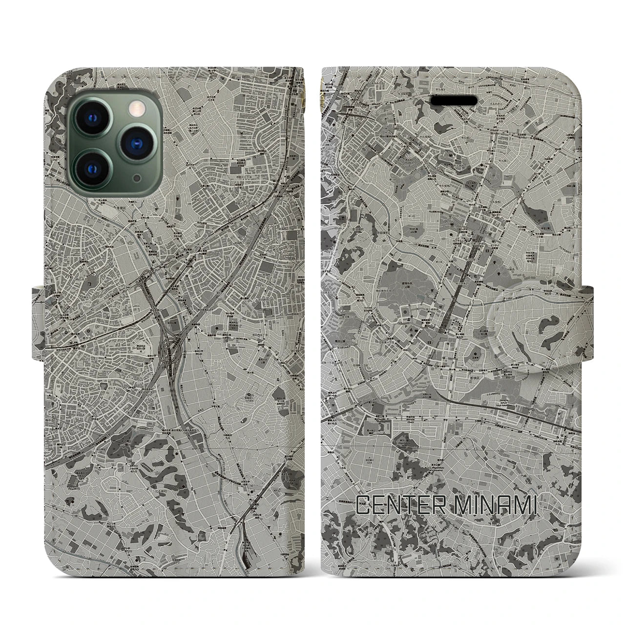 【センター南(神奈川県)】地図柄iPhoneケース(手帳タイプ)モノトーン・iPhone 11 Pro 用