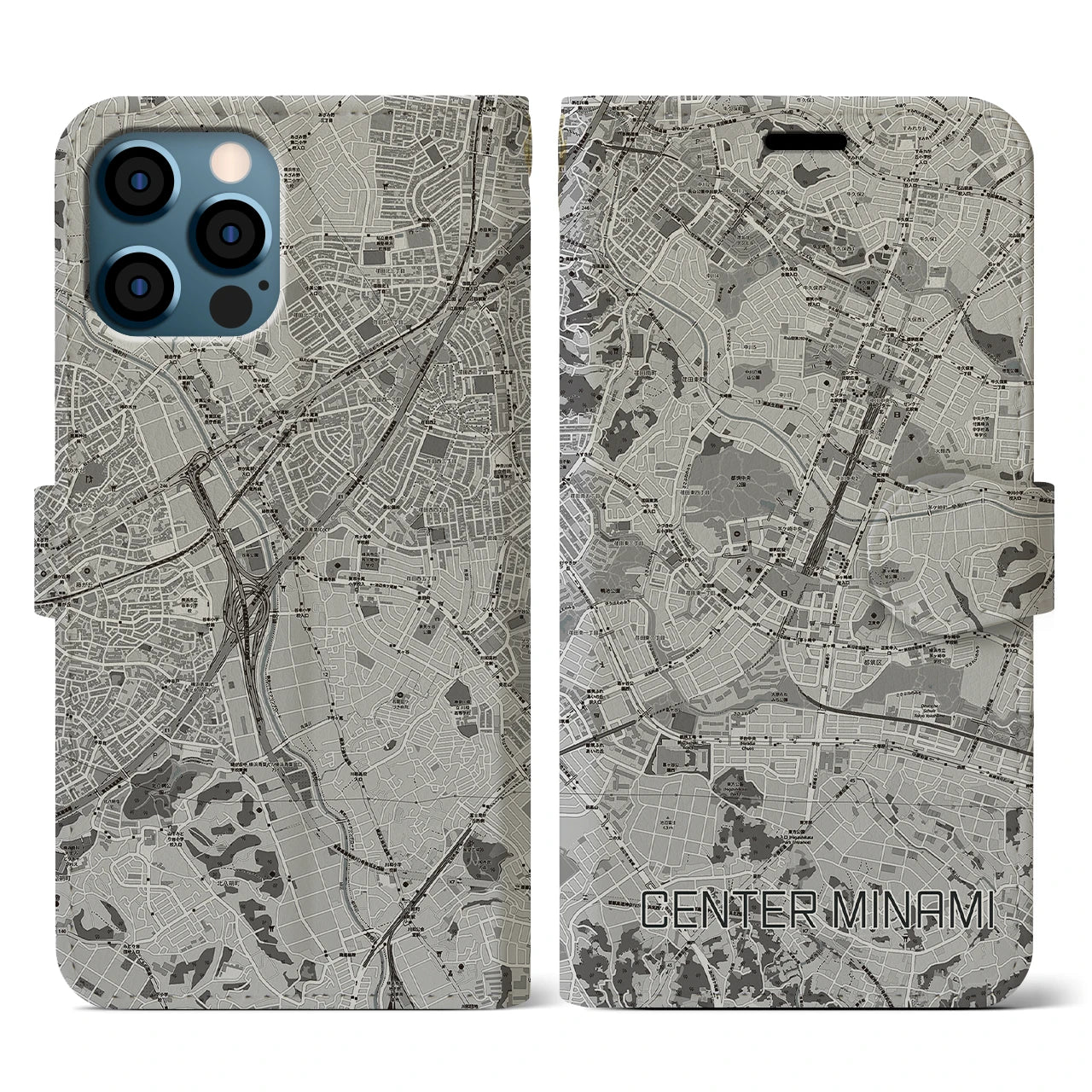 【センター南(神奈川県)】地図柄iPhoneケース(手帳タイプ)モノトーン・iPhone 12 / 12 Pro 用
